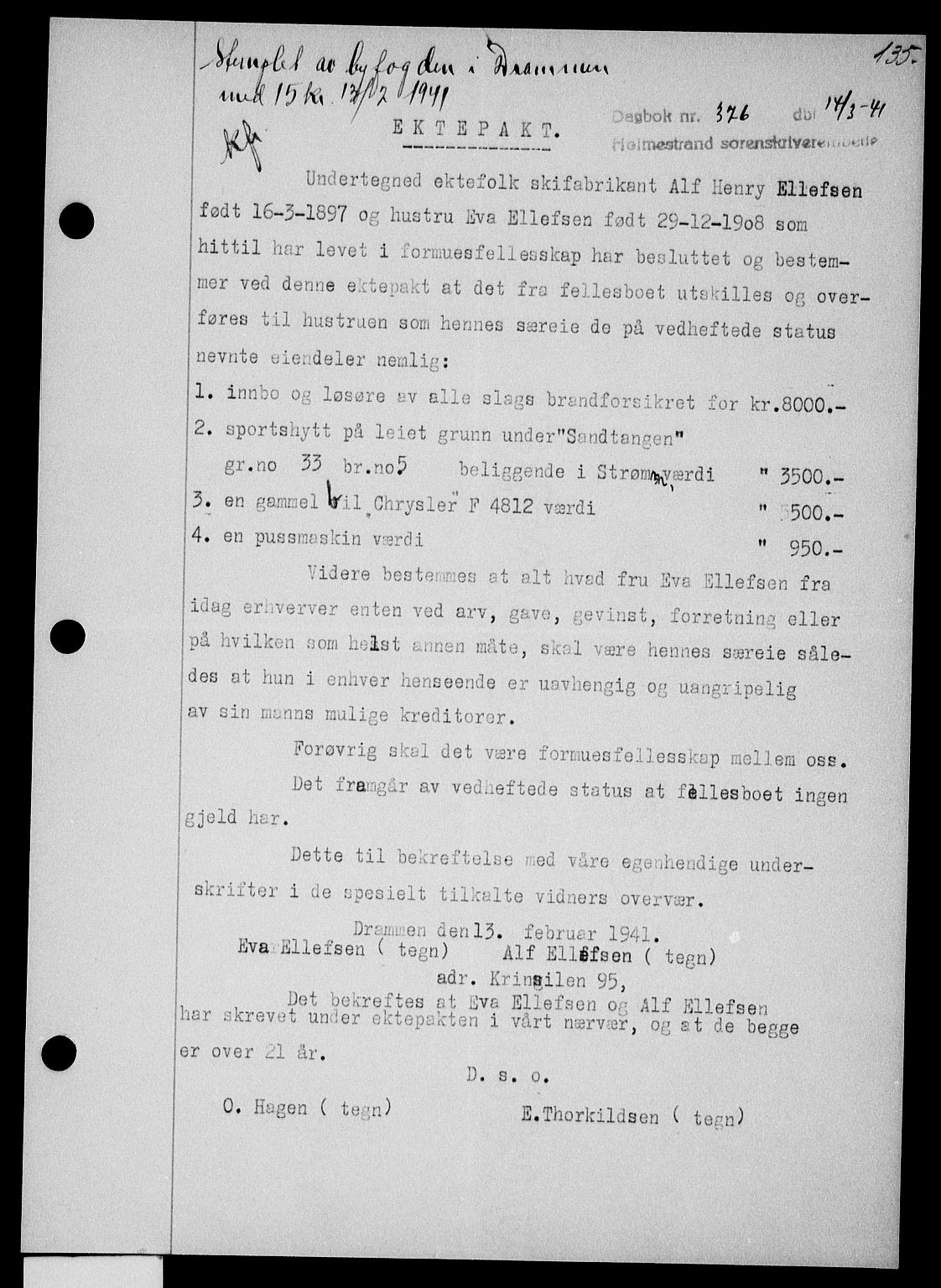 Holmestrand sorenskriveri, SAKO/A-67/G/Ga/Gaa/L0053: Pantebok nr. A-53, 1941-1941, Dagboknr: 376/1941