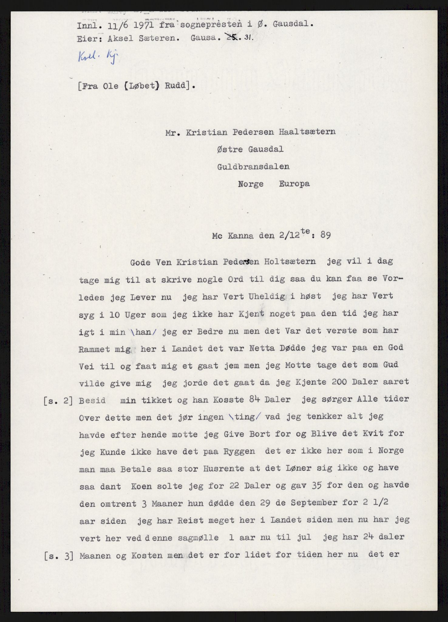 Samlinger til kildeutgivelse, Amerikabrevene, AV/RA-EA-4057/F/L0015: Innlån fra Oppland: Sæteren - Vigerust, 1838-1914, s. 233