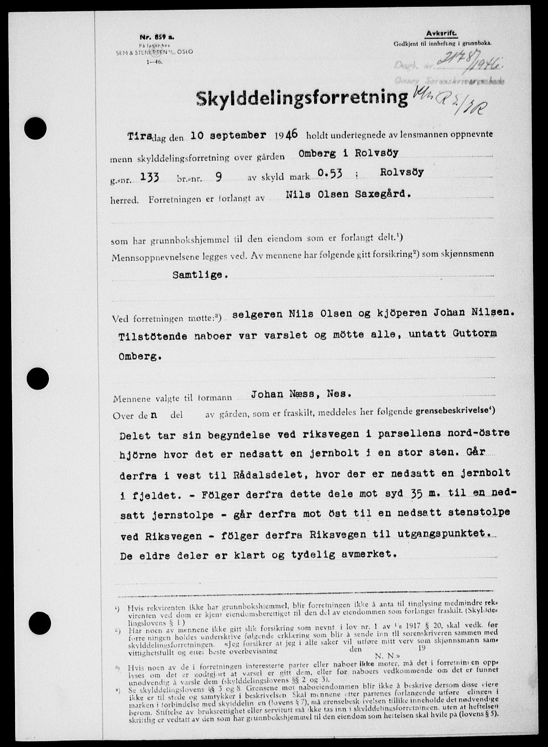 Onsøy sorenskriveri, SAO/A-10474/G/Ga/Gab/L0017: Pantebok nr. II A-17, 1946-1946, Dagboknr: 2178/1946