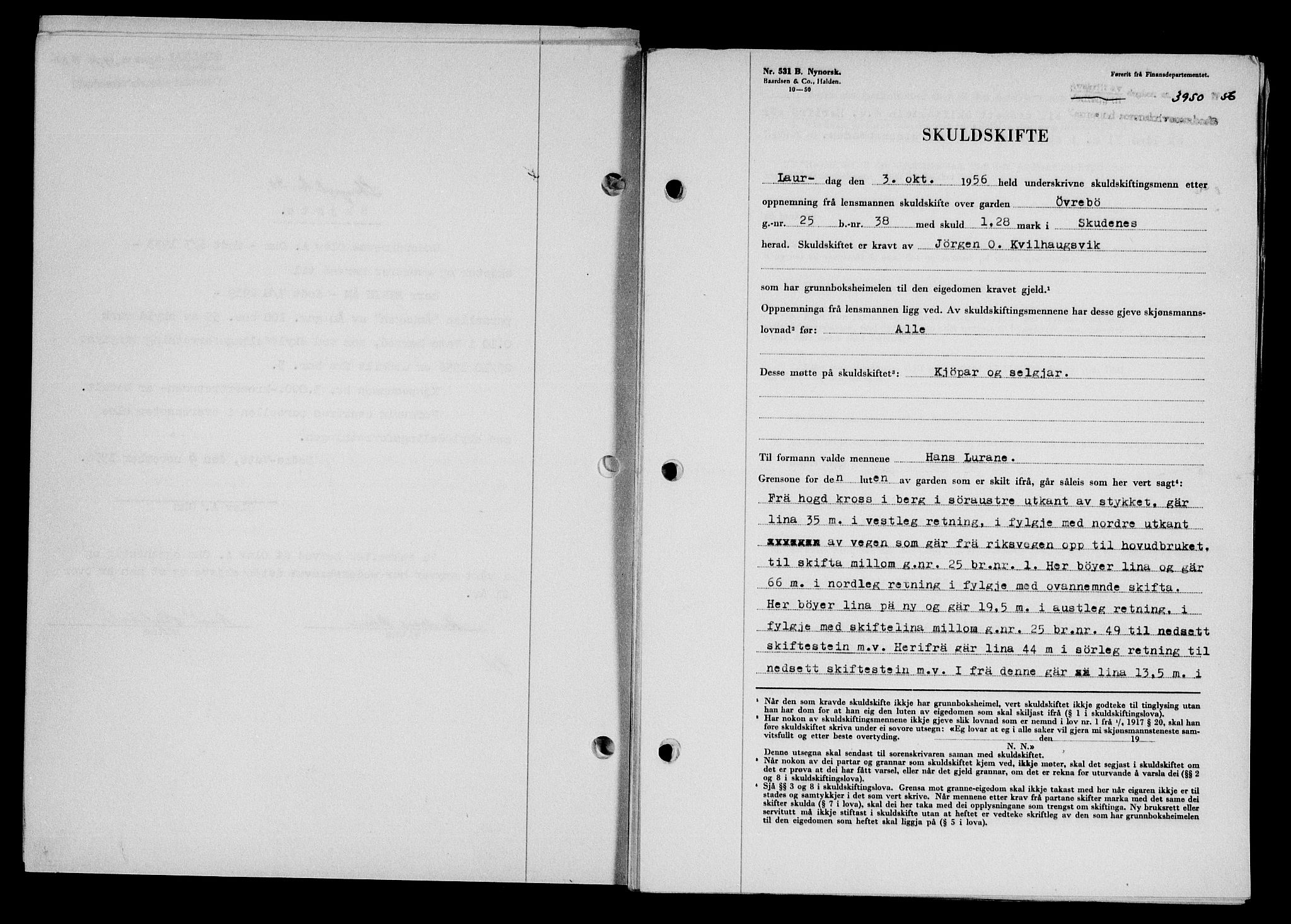 Karmsund sorenskriveri, SAST/A-100311/01/II/IIB/L0122: Pantebok nr. 102A, 1956-1956, Dagboknr: 3950/1956