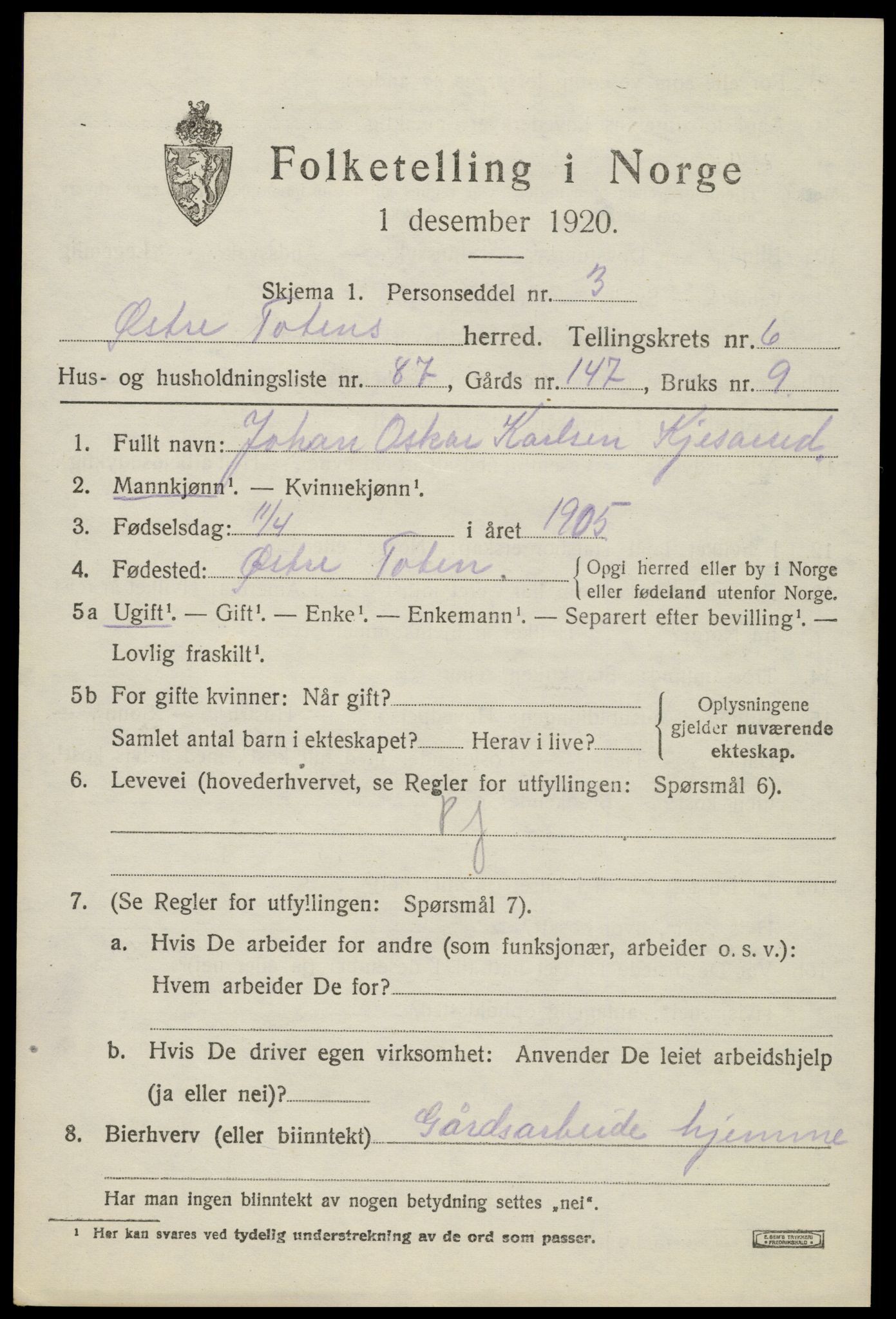 SAH, Folketelling 1920 for 0528 Østre Toten herred, 1920, s. 14154