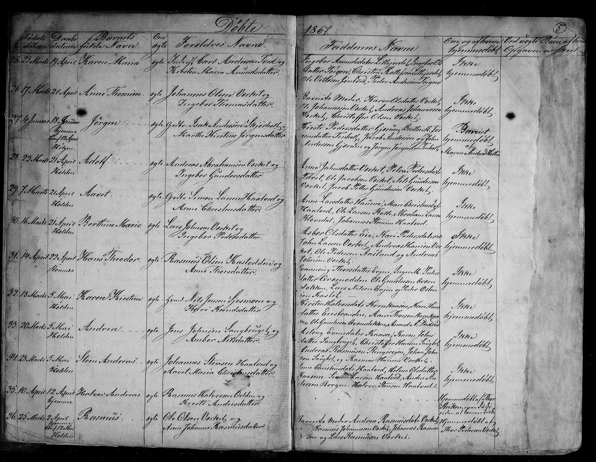 Holla kirkebøker, AV/SAKO-A-272/G/Ga/L0004: Klokkerbok nr. I 4, 1867-1890, s. 5
