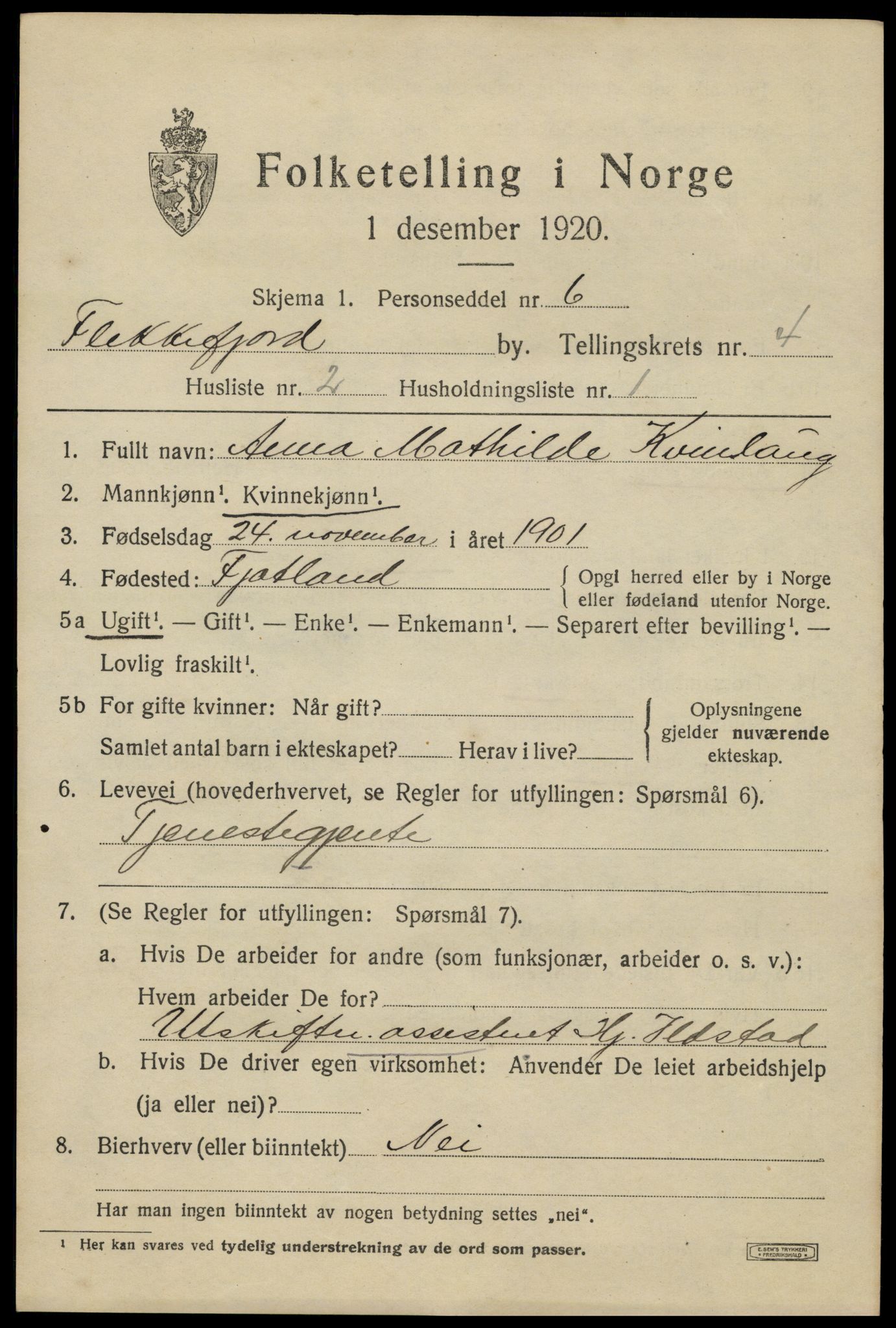 SAK, Folketelling 1920 for 1004 Flekkefjord kjøpstad, 1920, s. 4460