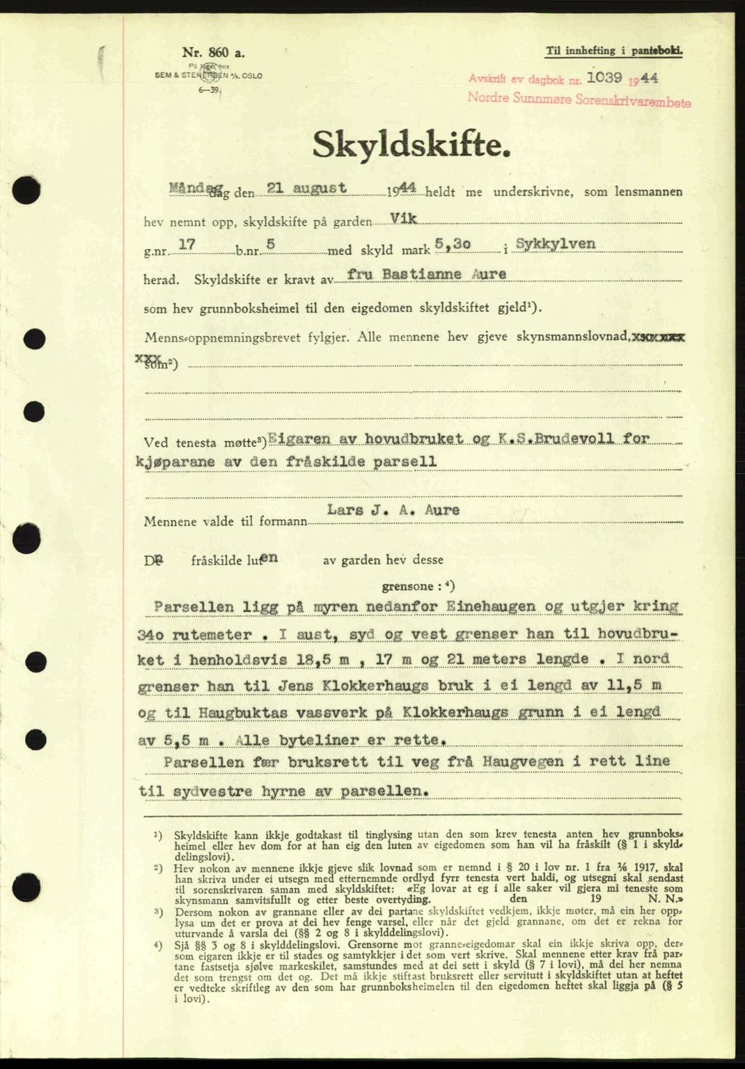 Nordre Sunnmøre sorenskriveri, SAT/A-0006/1/2/2C/2Ca: Pantebok nr. A18, 1944-1944, Dagboknr: 1039/1944