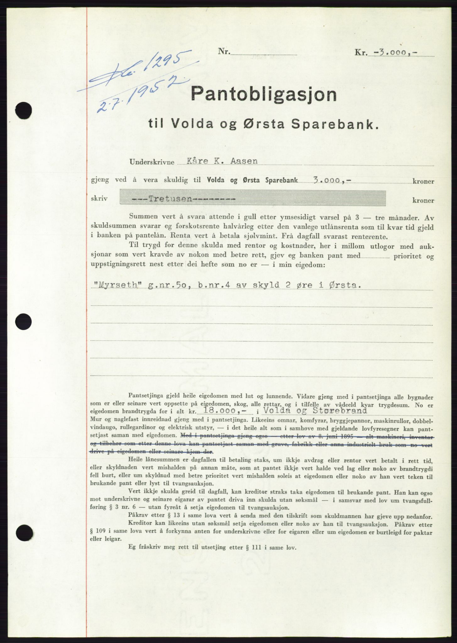 Søre Sunnmøre sorenskriveri, AV/SAT-A-4122/1/2/2C/L0121: Pantebok nr. 9B, 1951-1952, Dagboknr: 1295/1952