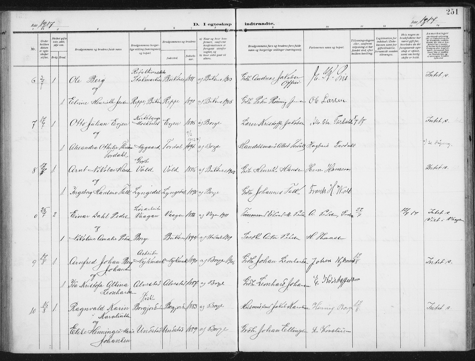 Ministerialprotokoller, klokkerbøker og fødselsregistre - Nordland, AV/SAT-A-1459/880/L1135: Ministerialbok nr. 880A09, 1908-1919, s. 251