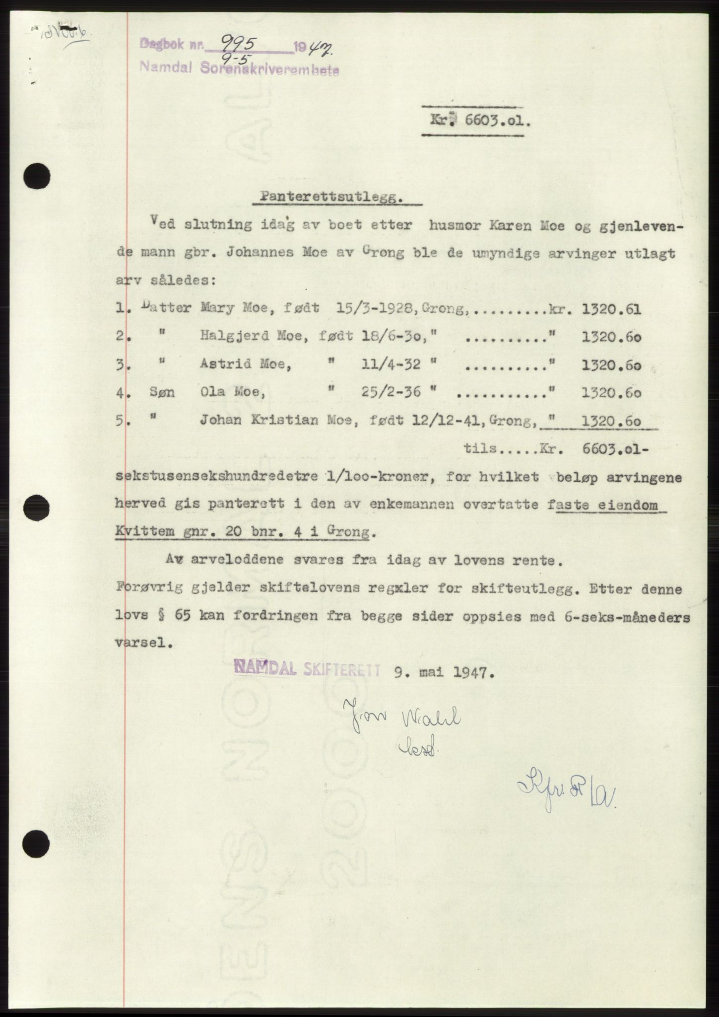 Namdal sorenskriveri, SAT/A-4133/1/2/2C: Pantebok nr. -, 1947-1947, Dagboknr: 995/1947
