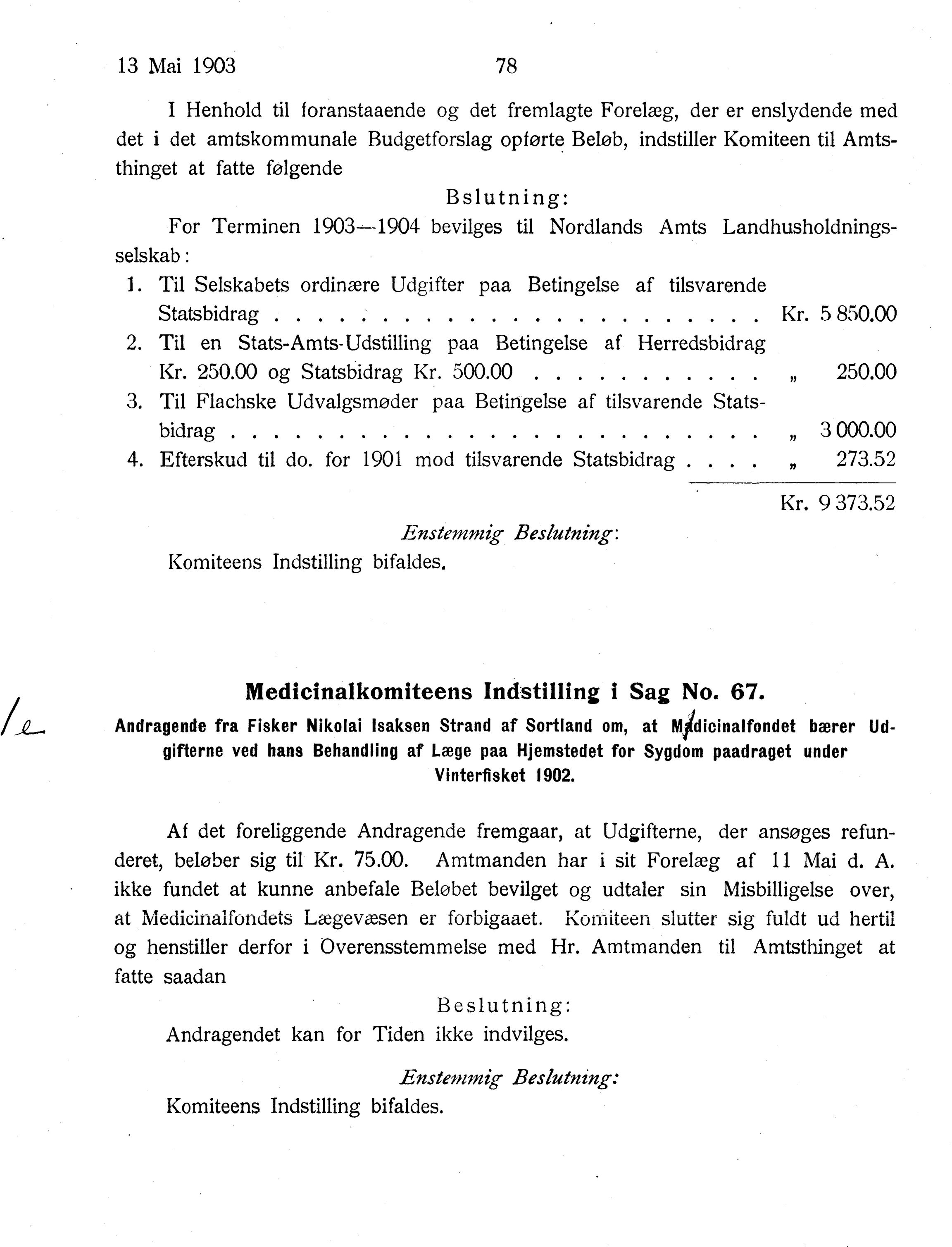 Nordland Fylkeskommune. Fylkestinget, AIN/NFK-17/176/A/Ac/L0026: Fylkestingsforhandlinger 1903, 1903