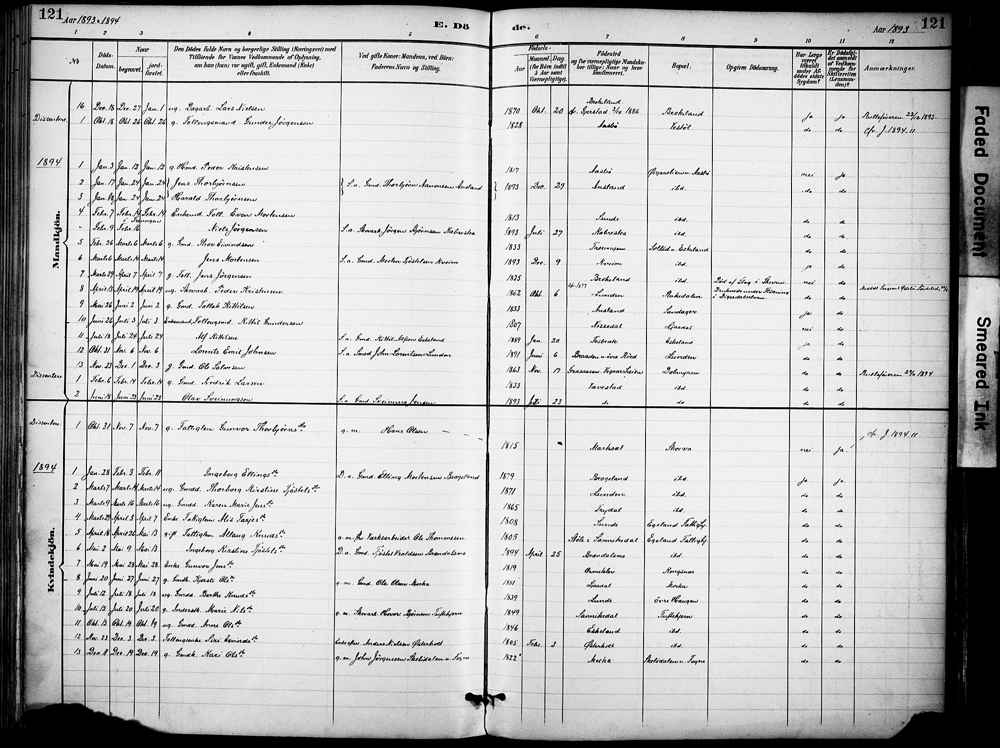 Gjerstad sokneprestkontor, SAK/1111-0014/F/Fa/Faa/L0010: Ministerialbok nr. A 10, 1891-1902, s. 121