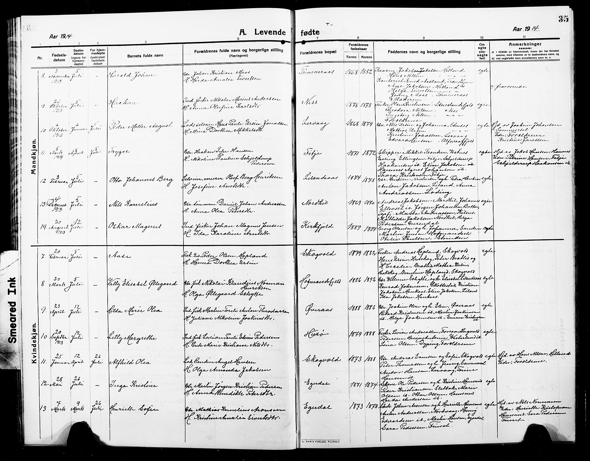 Ministerialprotokoller, klokkerbøker og fødselsregistre - Nordland, SAT/A-1459/859/L0861: Klokkerbok nr. 859C07, 1910-1925, s. 35