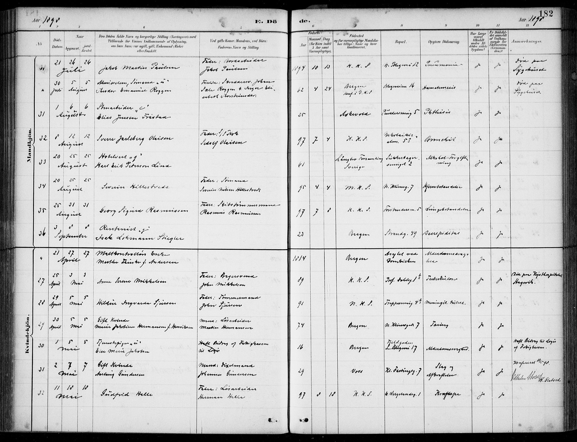 Korskirken sokneprestembete, AV/SAB-A-76101/H/Hab: Klokkerbok nr. E 4, 1884-1910, s. 182