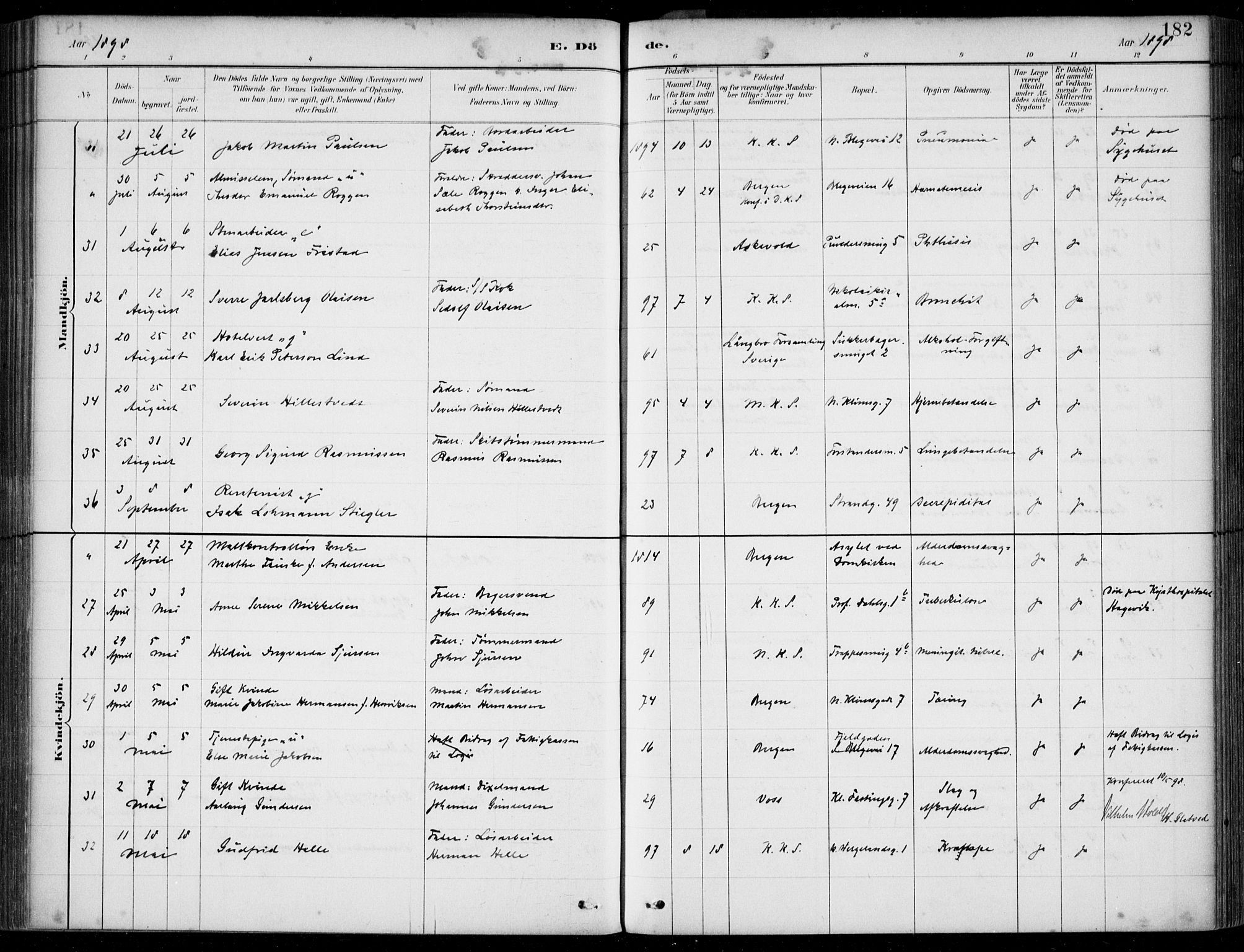 Korskirken sokneprestembete, SAB/A-76101/H/Hab: Klokkerbok nr. E 4, 1884-1910, s. 182