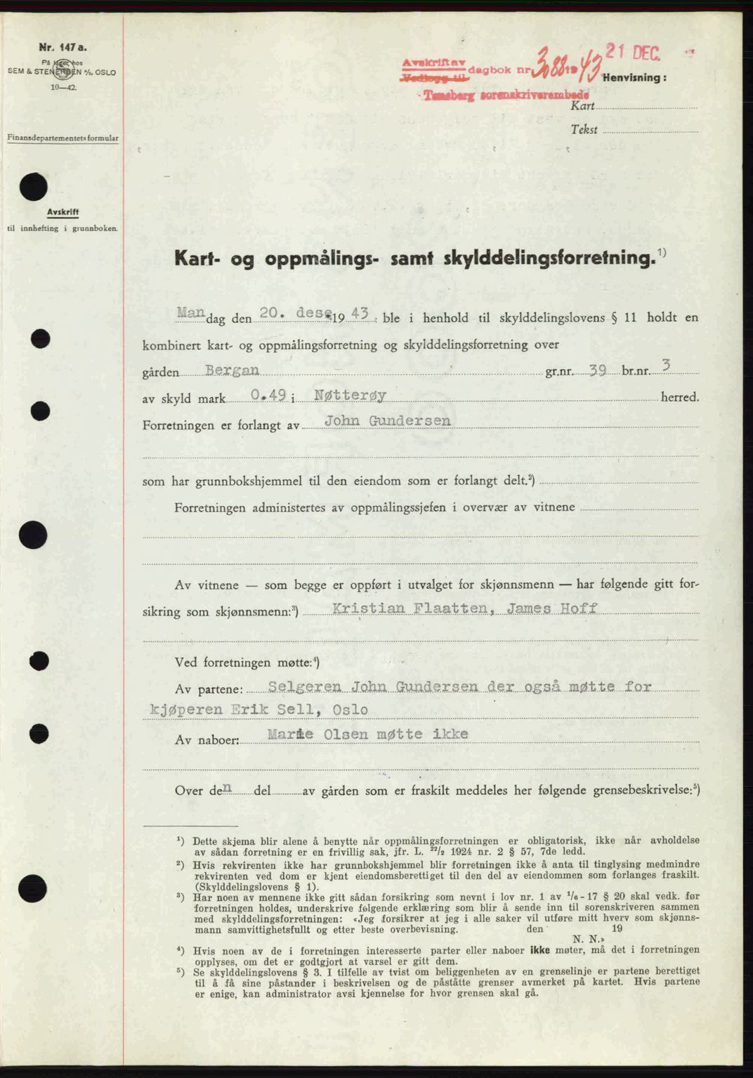 Tønsberg sorenskriveri, AV/SAKO-A-130/G/Ga/Gaa/L0014: Pantebok nr. A14, 1943-1944, Dagboknr: 3088/1943
