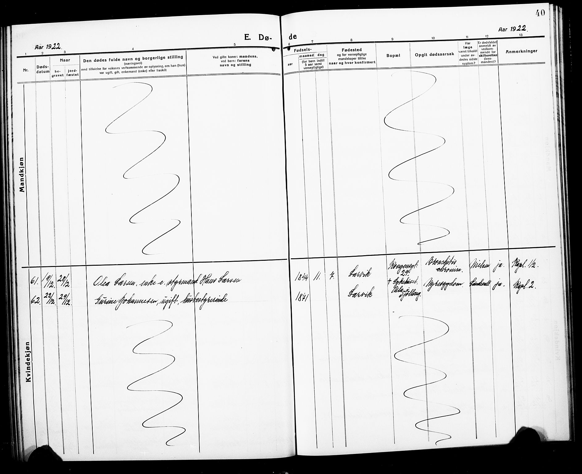 Larvik kirkebøker, AV/SAKO-A-352/G/Ga/L0010: Klokkerbok nr. I 10, 1919-1926, s. 40