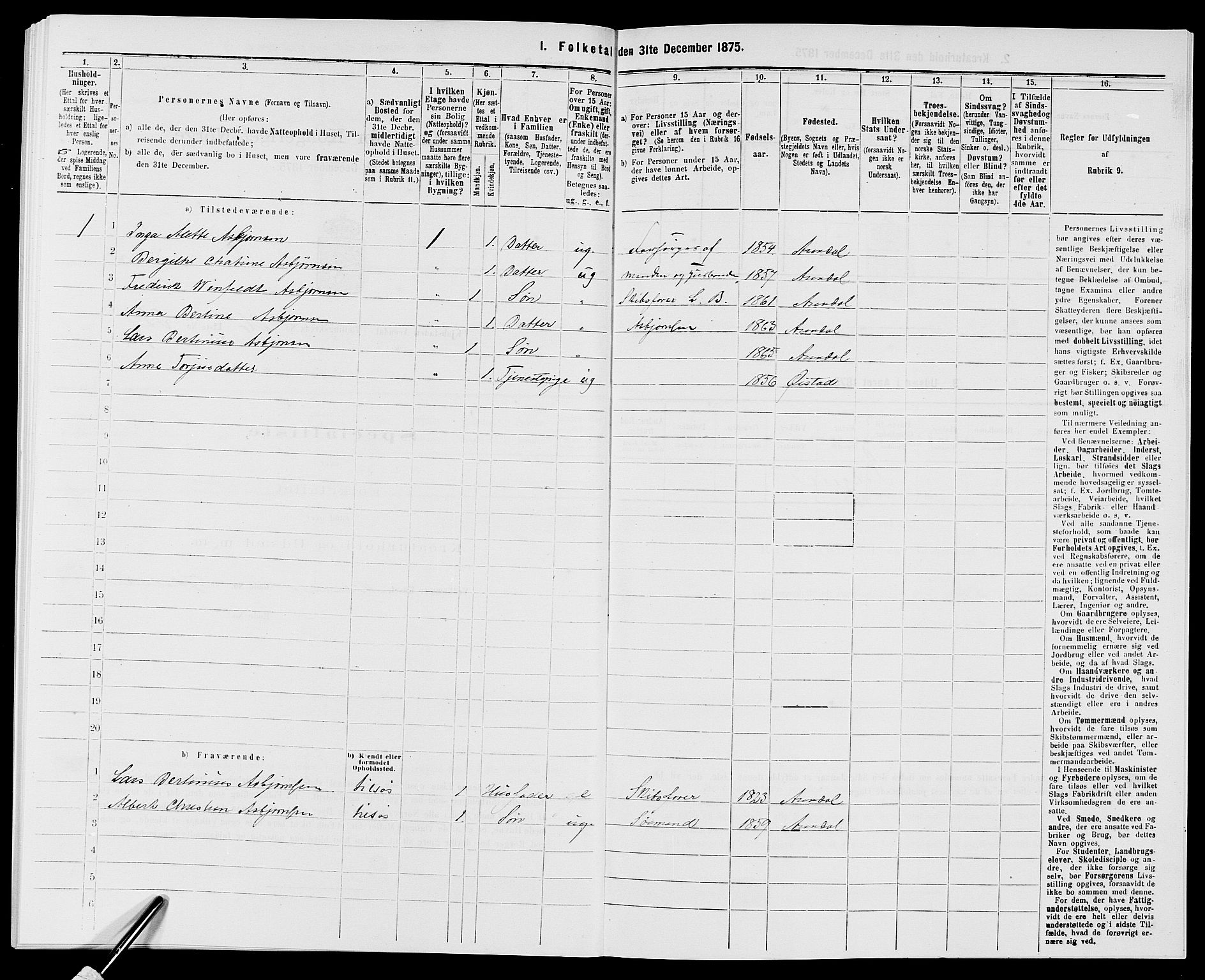 SAK, Folketelling 1875 for 0903P Arendal prestegjeld, 1875, s. 826