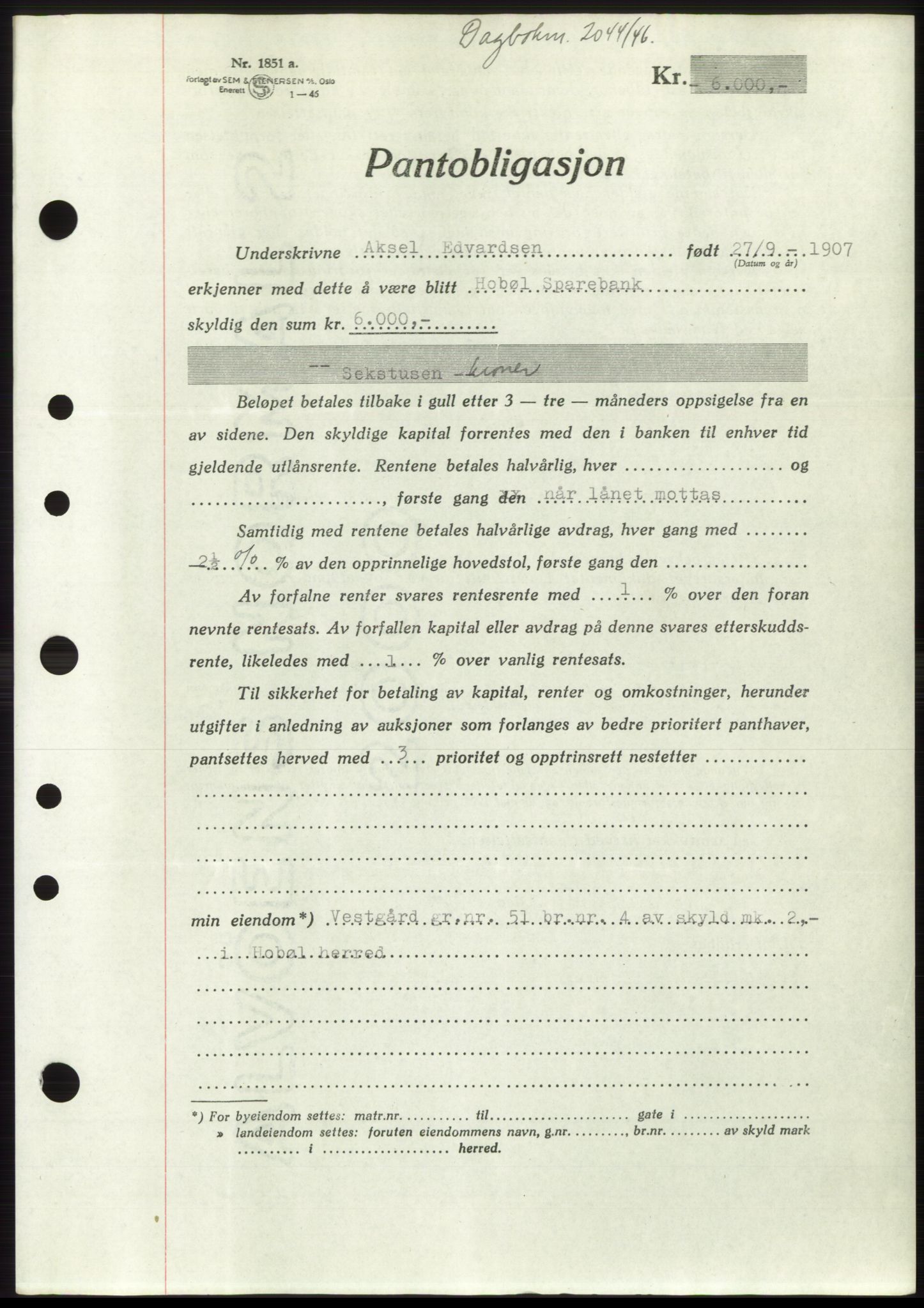 Moss sorenskriveri, SAO/A-10168: Pantebok nr. B15, 1946-1946, Dagboknr: 2044/1946