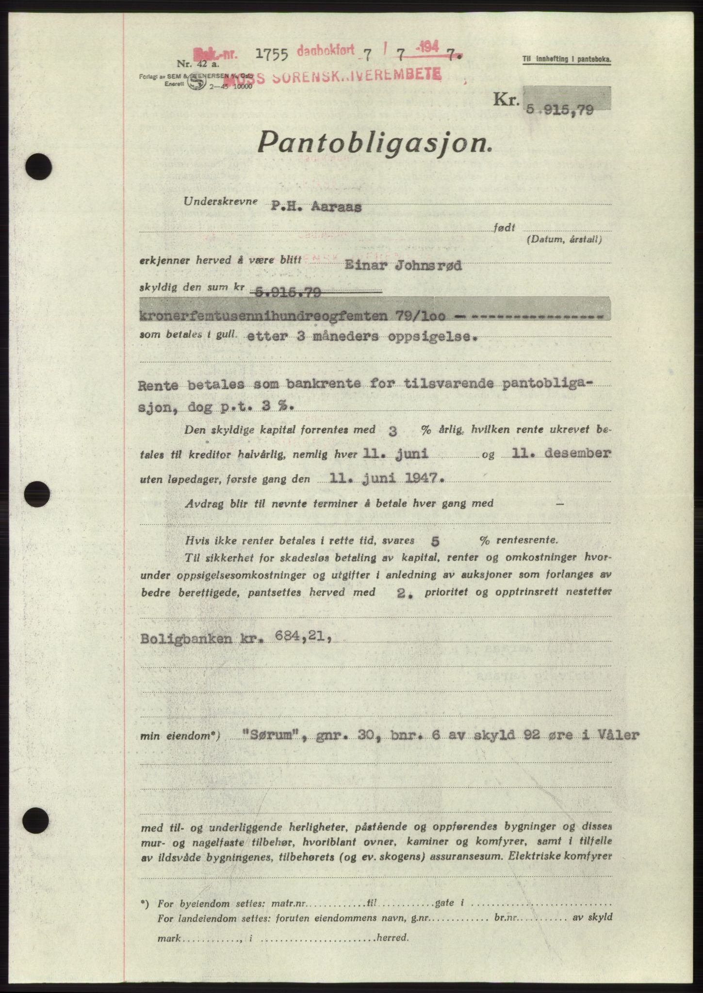 Moss sorenskriveri, SAO/A-10168: Pantebok nr. B17, 1947-1947, Dagboknr: 1755/1947