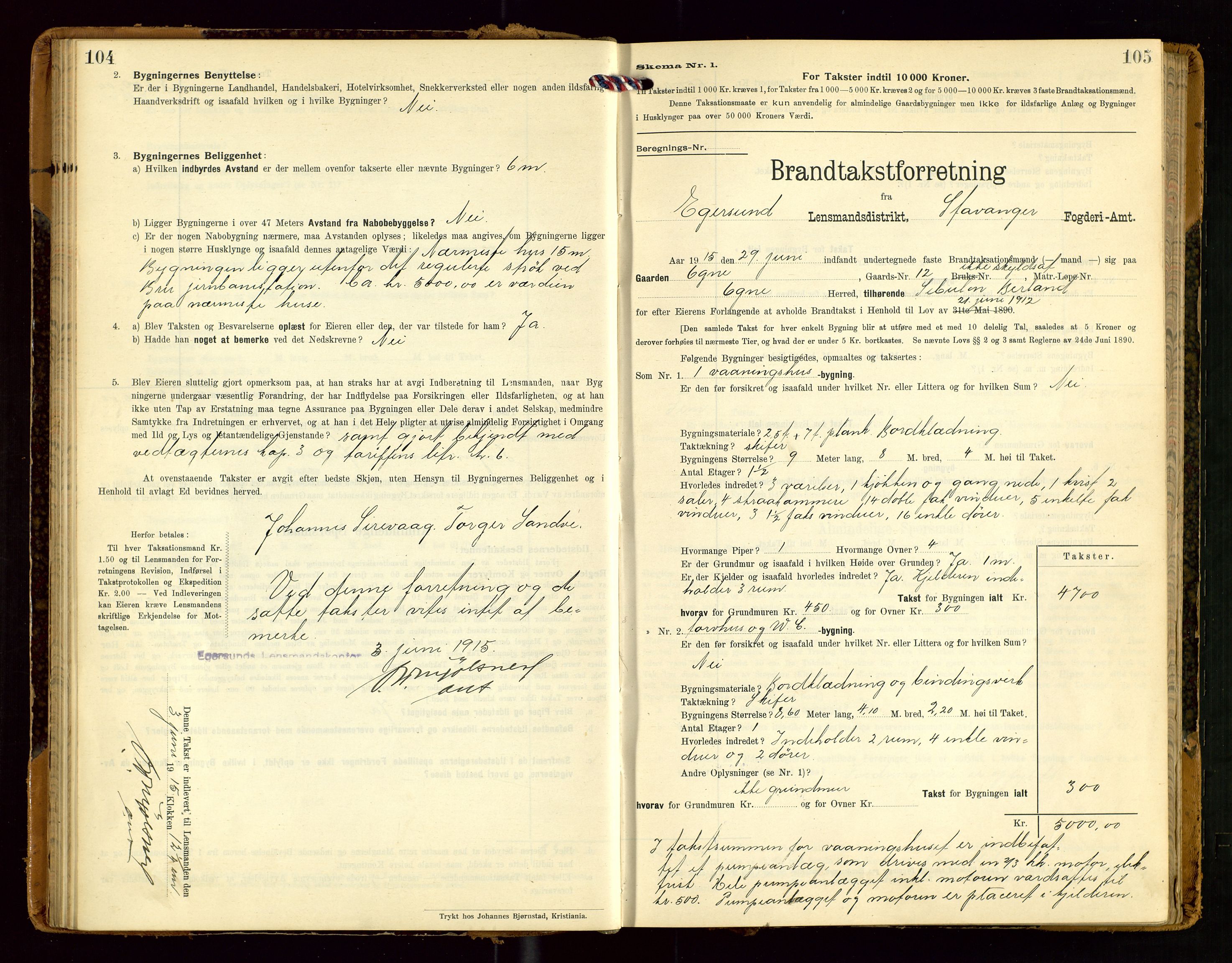 Eigersund lensmannskontor, SAST/A-100171/Gob/L0002: "Brandtakstprotokol", 1910-1916, s. 104-105