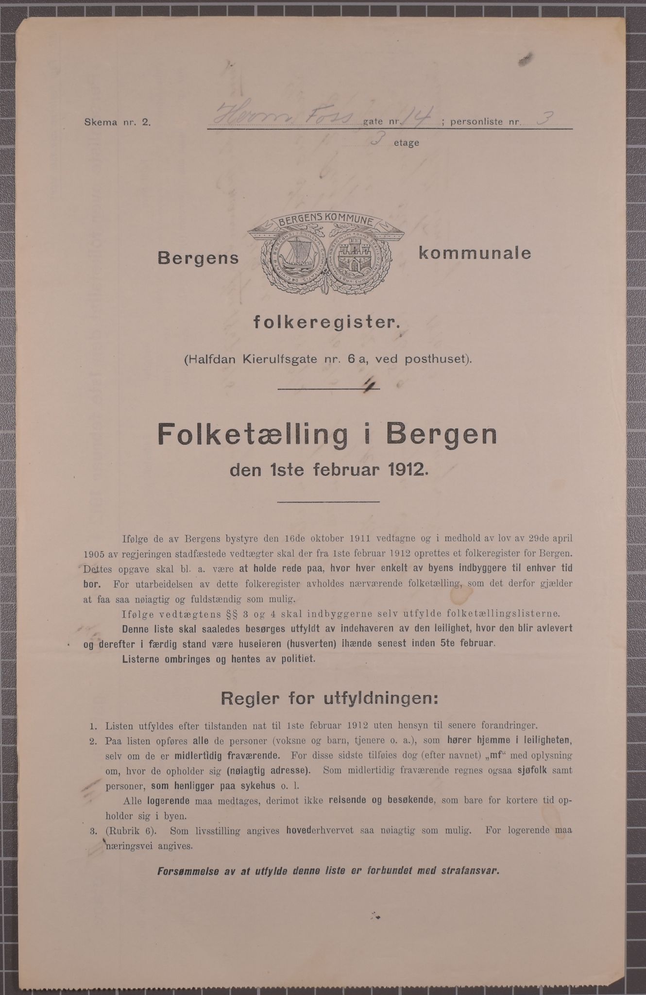 SAB, Kommunal folketelling 1912 for Bergen kjøpstad, 1912, s. 3030