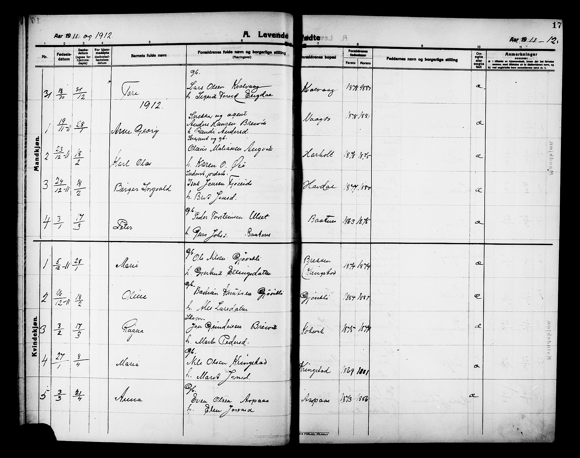 Ministerialprotokoller, klokkerbøker og fødselsregistre - Møre og Romsdal, SAT/A-1454/586/L0993: Klokkerbok nr. 586C04, 1910-1918, s. 17