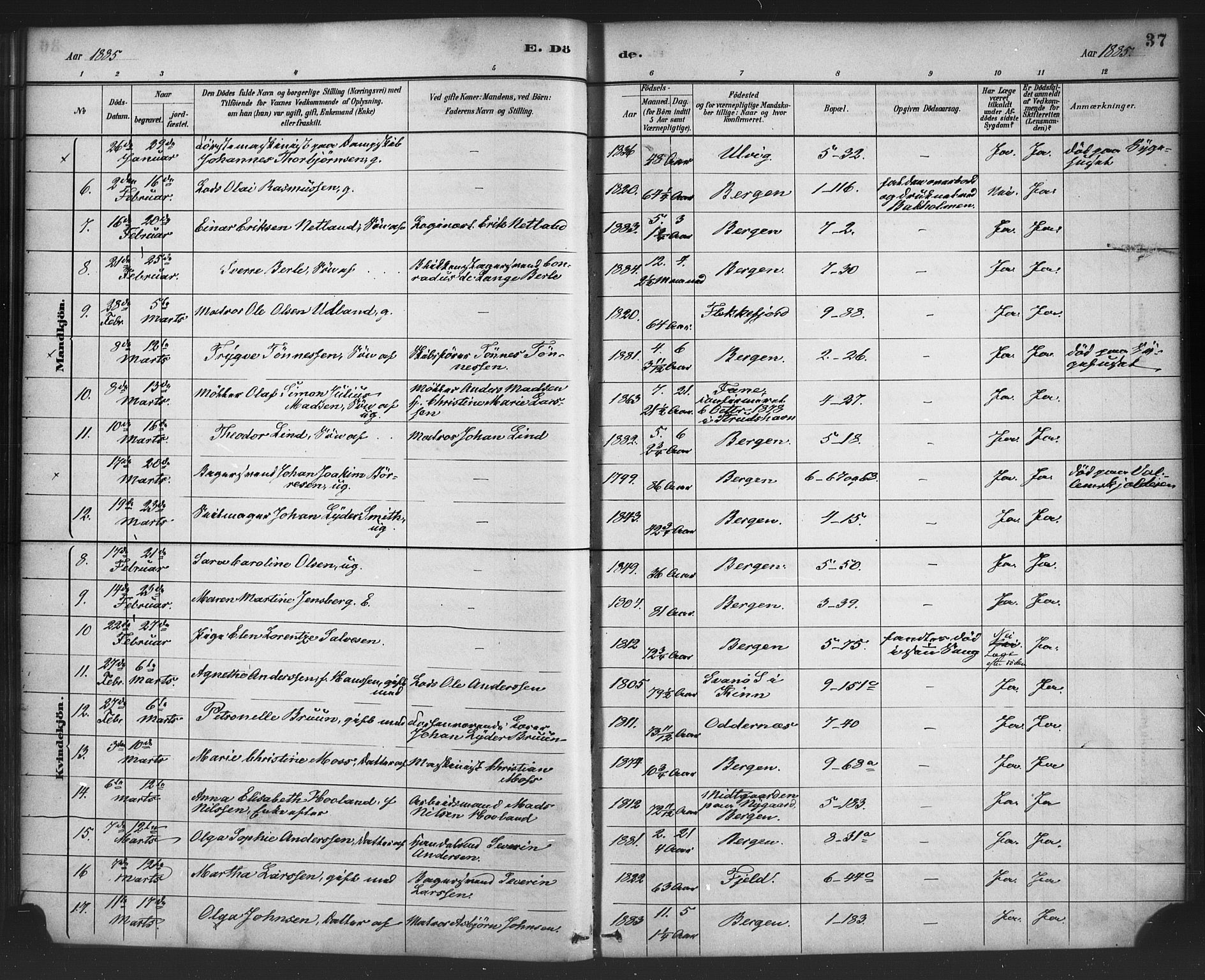 Nykirken Sokneprestembete, AV/SAB-A-77101/H/Haa/L0044: Ministerialbok nr. E 4, 1882-1898, s. 37