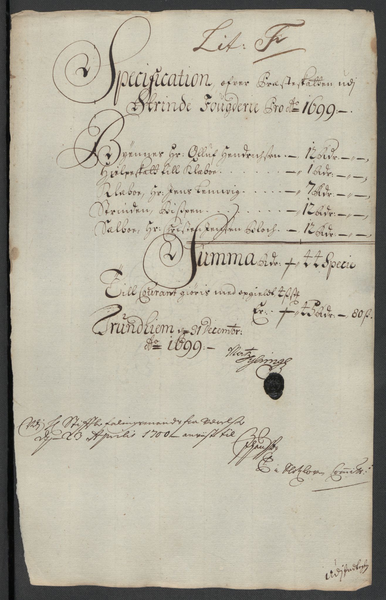 Rentekammeret inntil 1814, Reviderte regnskaper, Fogderegnskap, RA/EA-4092/R61/L4107: Fogderegnskap Strinda og Selbu, 1698-1700, s. 250