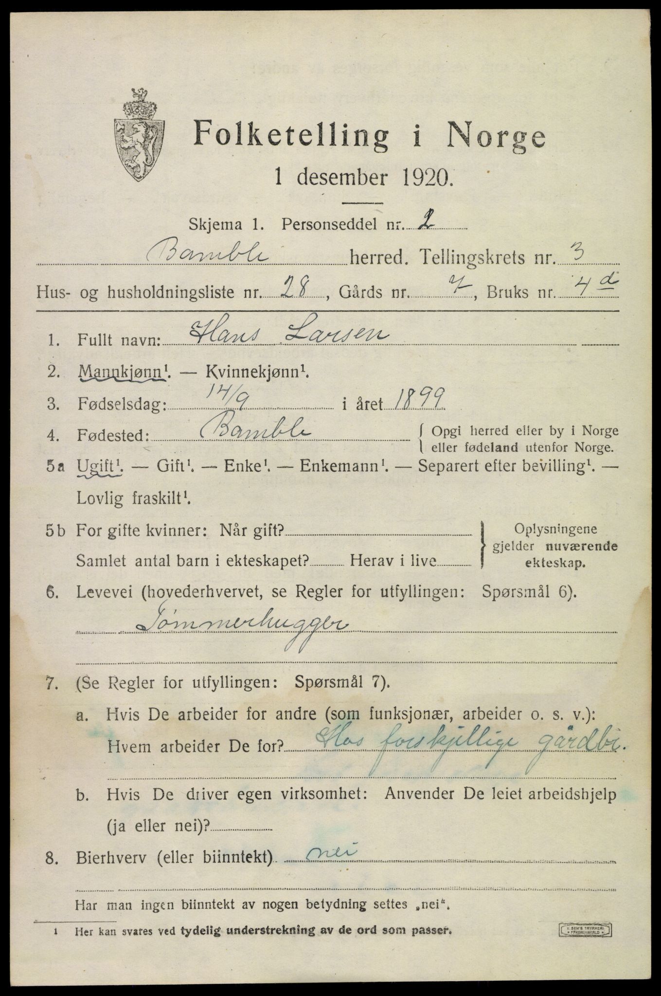 SAKO, Folketelling 1920 for 0814 Bamble herred, 1920, s. 4087