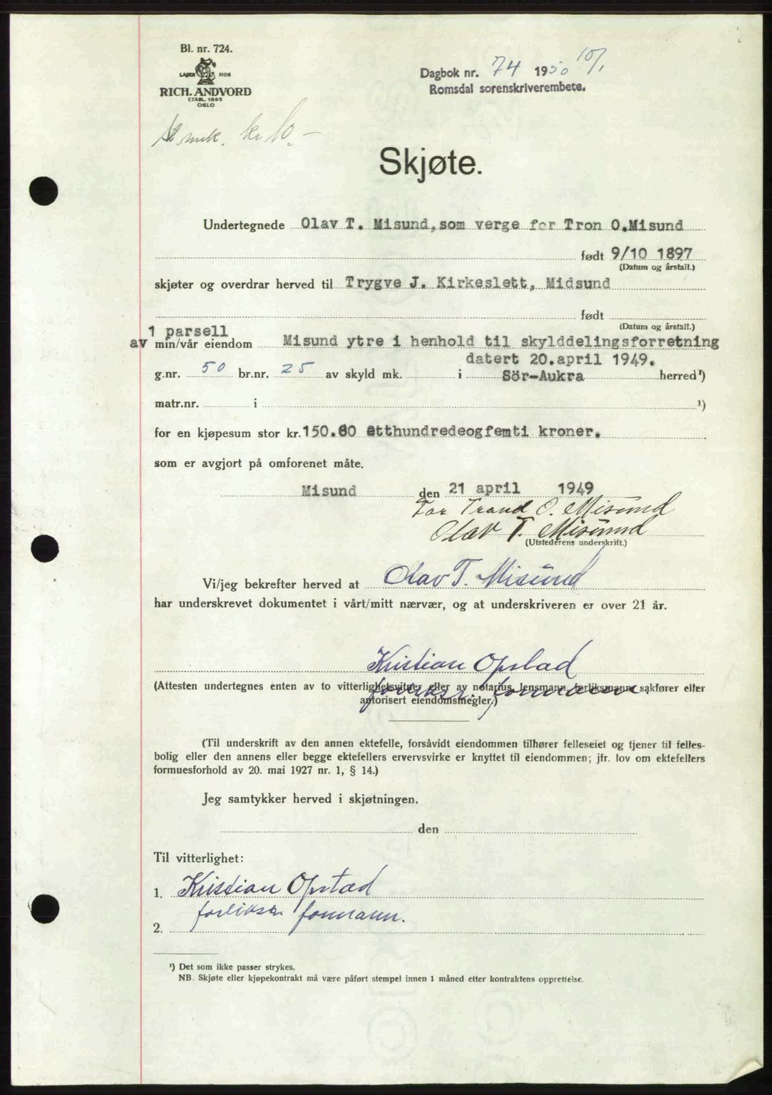 Romsdal sorenskriveri, AV/SAT-A-4149/1/2/2C: Pantebok nr. A32, 1950-1950, Dagboknr: 74/1950