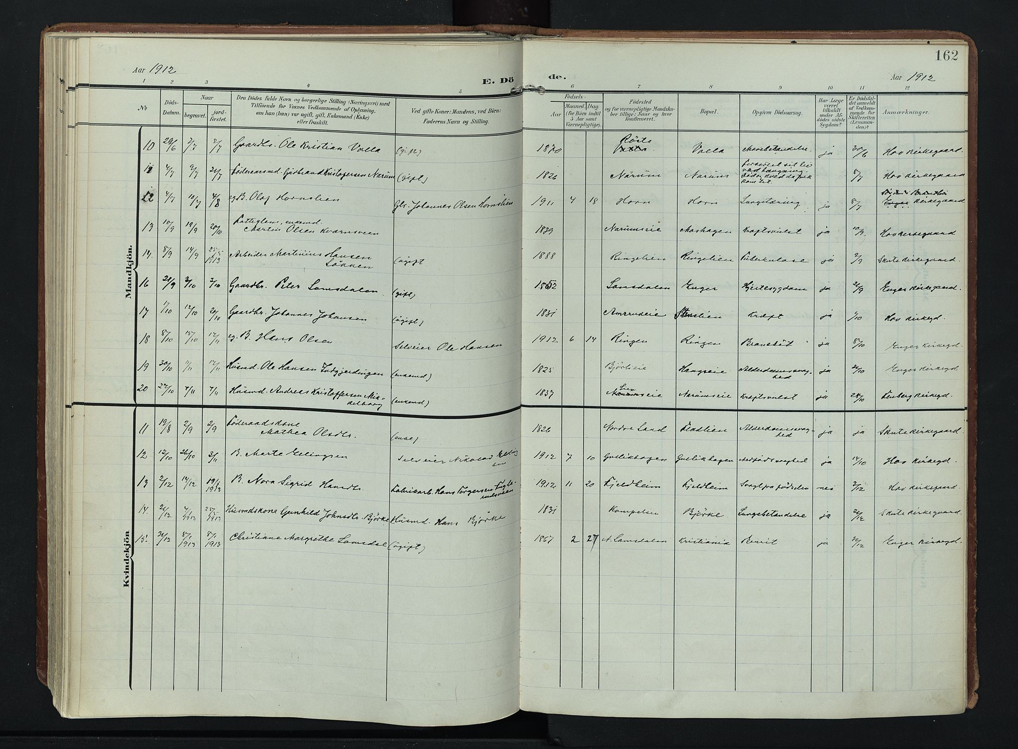 Søndre Land prestekontor, AV/SAH-PREST-122/K/L0007: Ministerialbok nr. 7, 1905-1914, s. 162