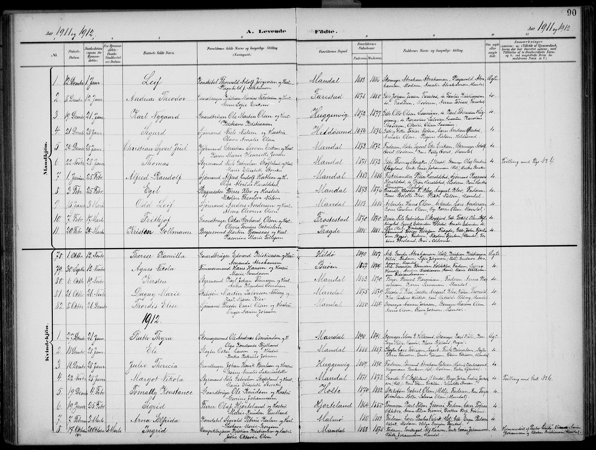 Mandal sokneprestkontor, AV/SAK-1111-0030/F/Fb/Fba/L0012: Klokkerbok nr. B 6, 1899-1918, s. 90
