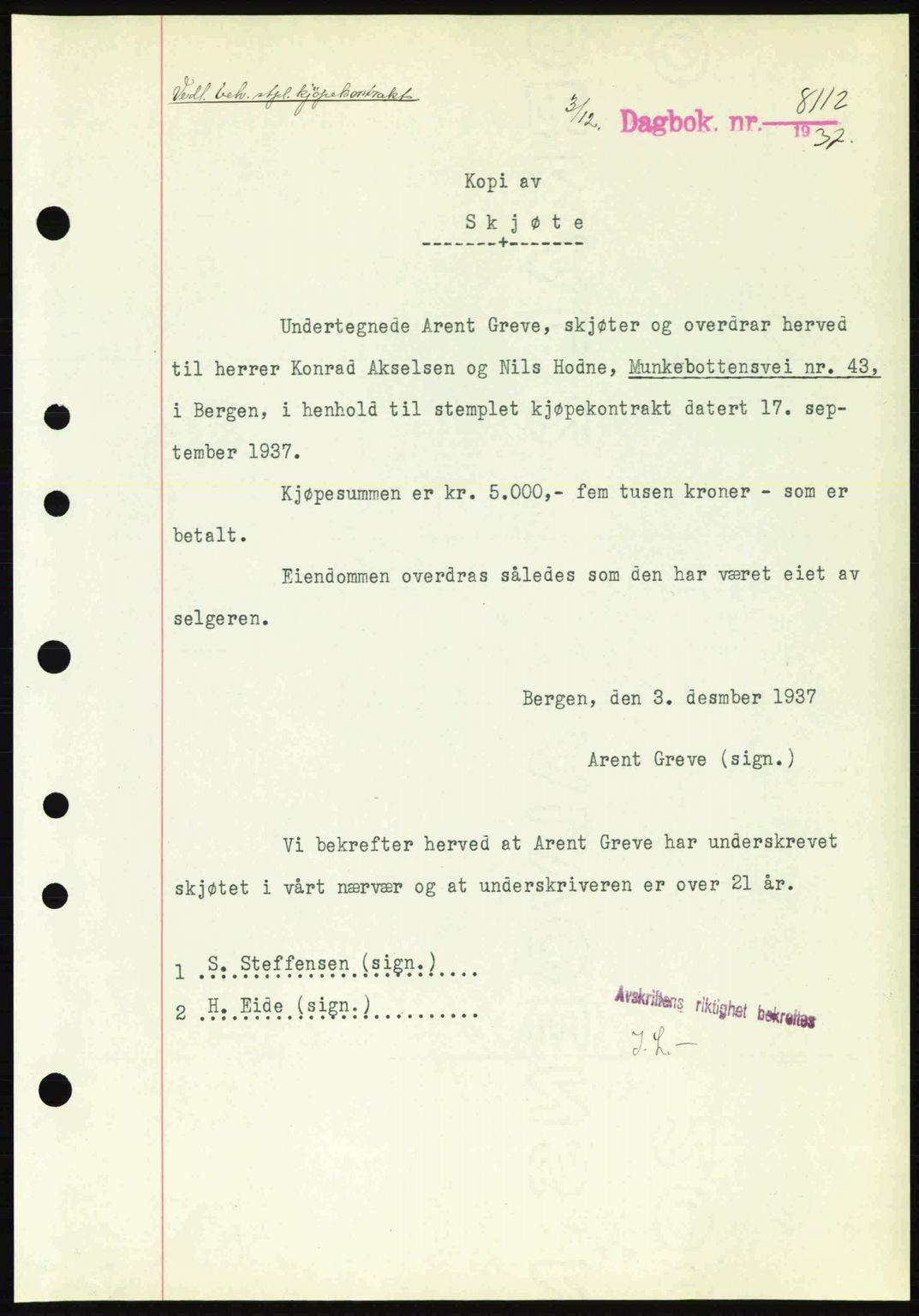 Byfogd og Byskriver i Bergen, SAB/A-3401/03/03Bc/L0006: Pantebok nr. A5, 1937-1938, Dagboknr: 8112/1937