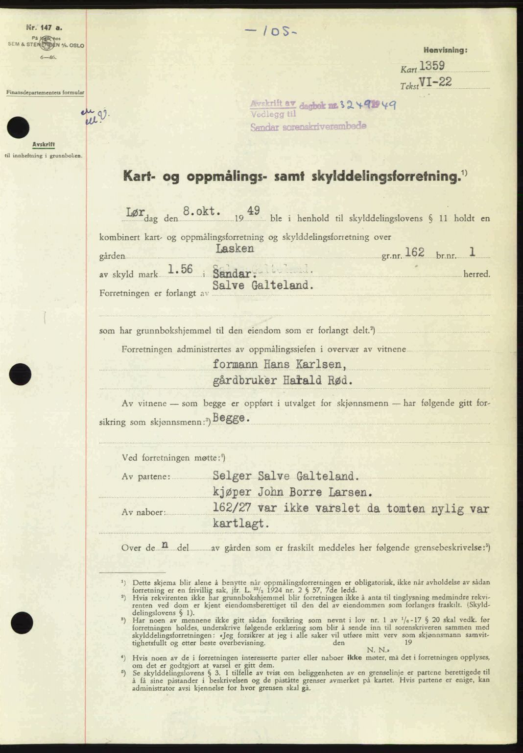 Sandar sorenskriveri, SAKO/A-86/G/Ga/Gaa/L0020: Pantebok nr. A-20, 1949-1950, Dagboknr: 3249/1949