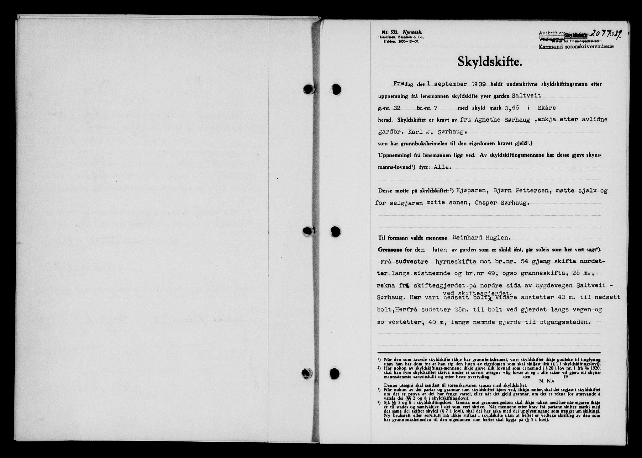 Karmsund sorenskriveri, SAST/A-100311/01/II/IIB/L0072: Pantebok nr. 53A, 1939-1940, Dagboknr: 2077/1939