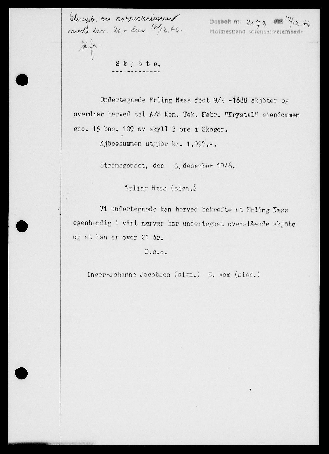 Holmestrand sorenskriveri, SAKO/A-67/G/Ga/Gaa/L0061: Pantebok nr. A-61, 1946-1947, Dagboknr: 2073/1946