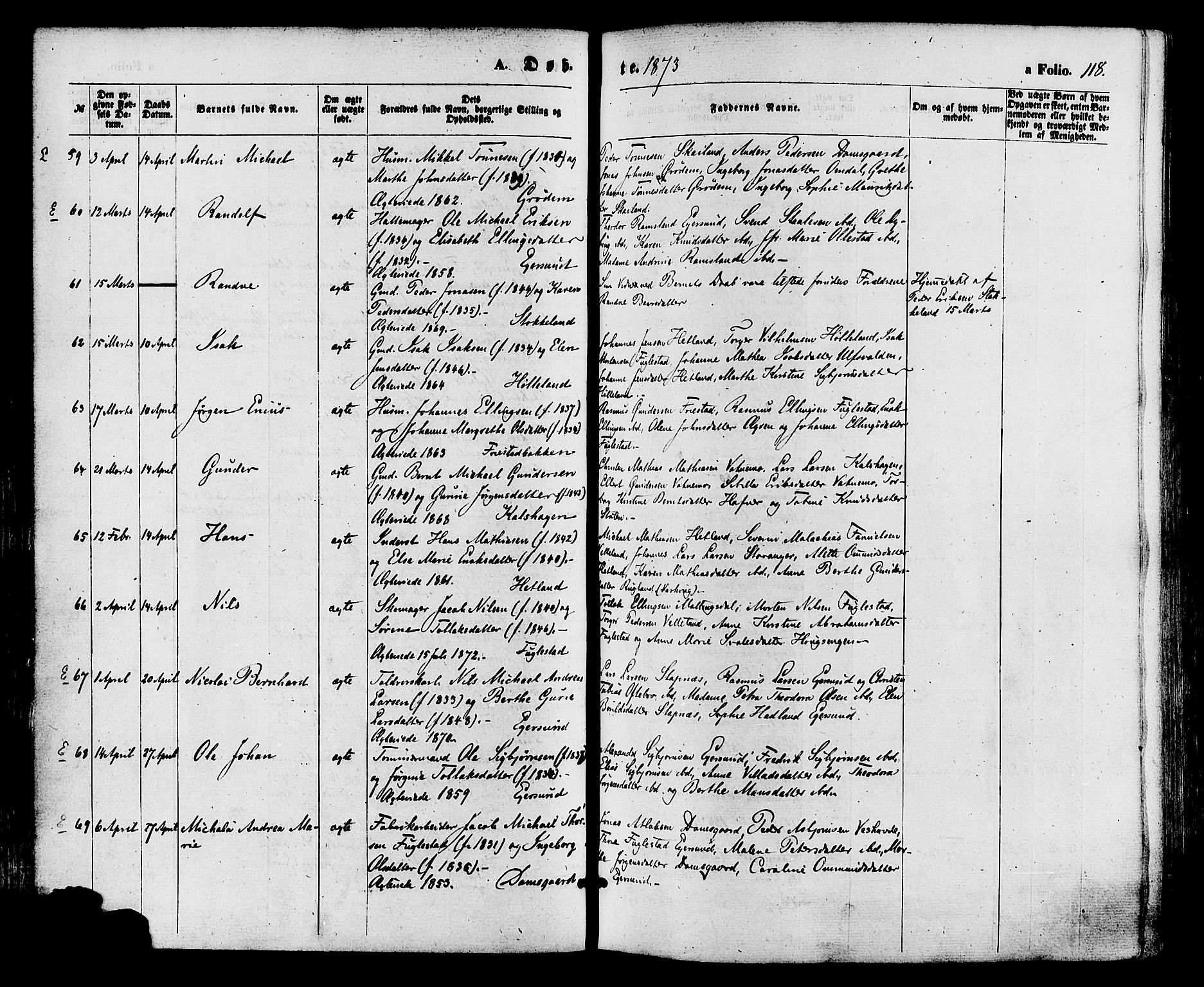 Eigersund sokneprestkontor, AV/SAST-A-101807/S08/L0014: Ministerialbok nr. A 13, 1866-1878, s. 118