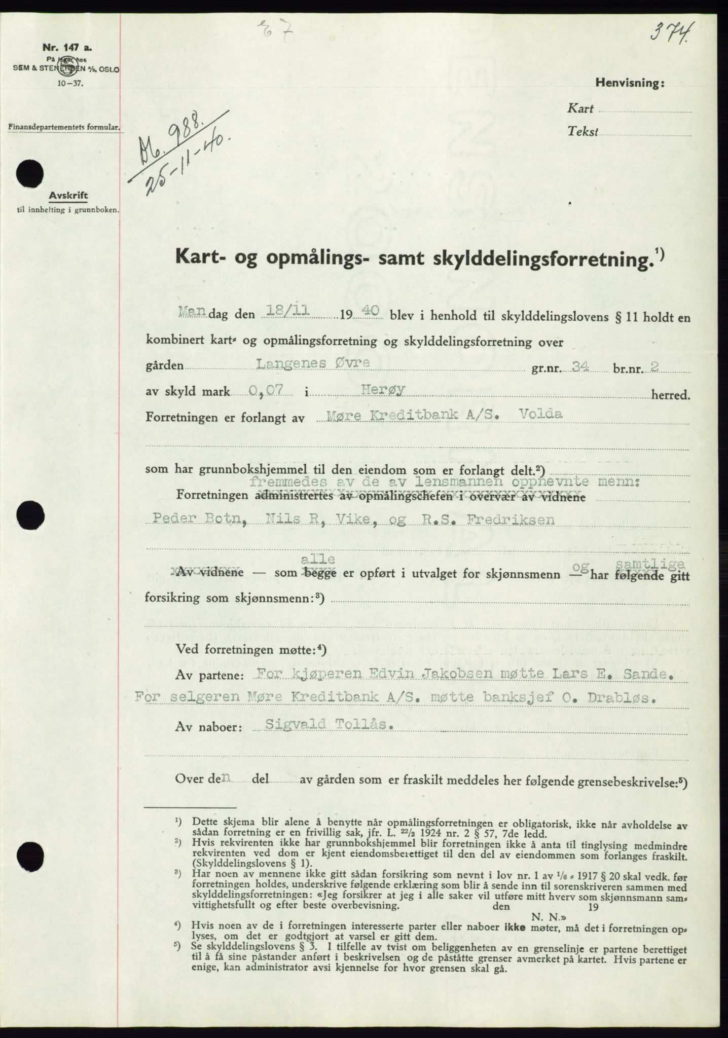 Søre Sunnmøre sorenskriveri, SAT/A-4122/1/2/2C/L0070: Pantebok nr. 64, 1940-1941, Dagboknr: 988/1940