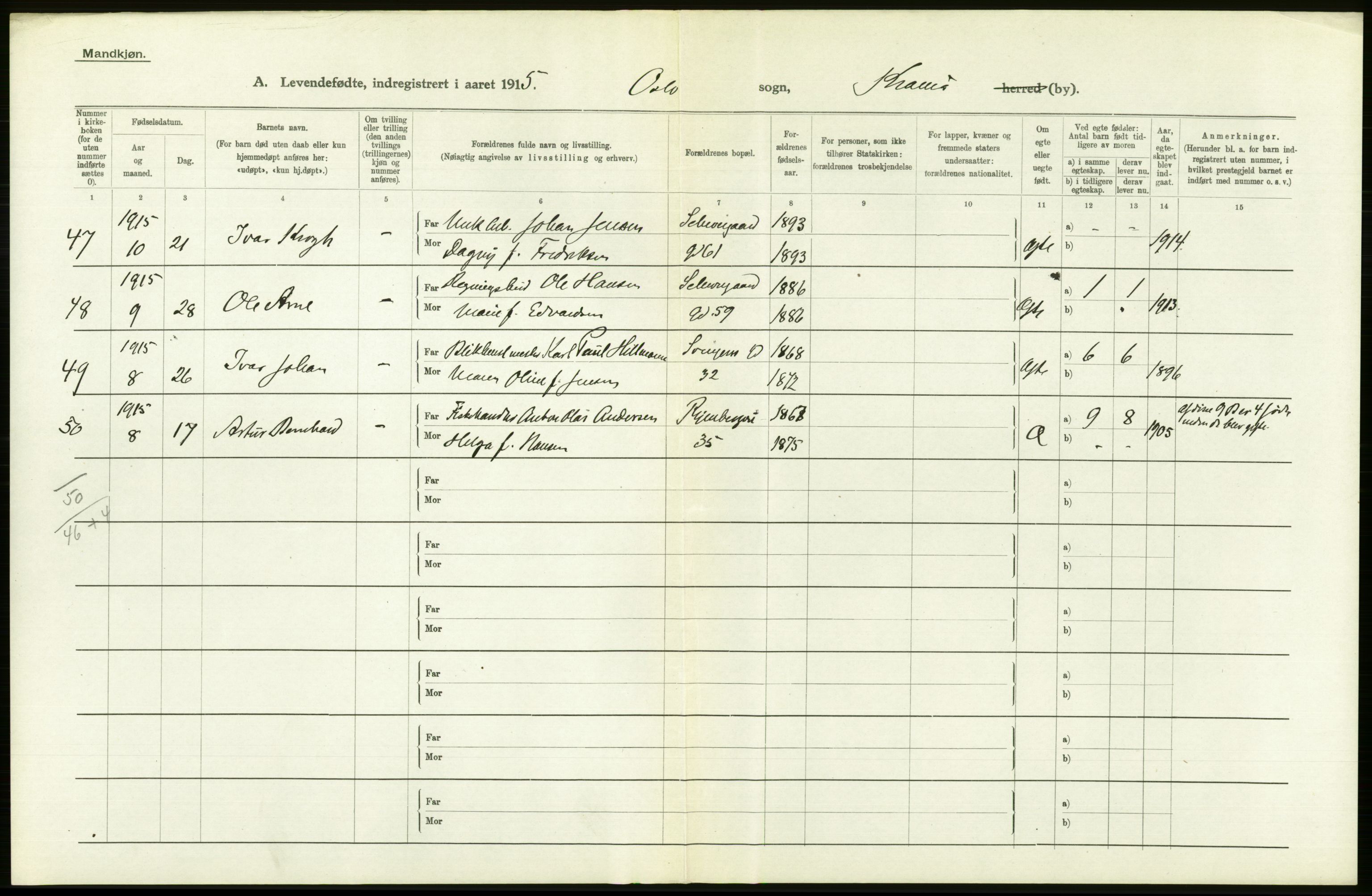 Statistisk sentralbyrå, Sosiodemografiske emner, Befolkning, RA/S-2228/D/Df/Dfb/Dfbe/L0006: Kristiania: Levendefødte menn og kvinner., 1915, s. 104