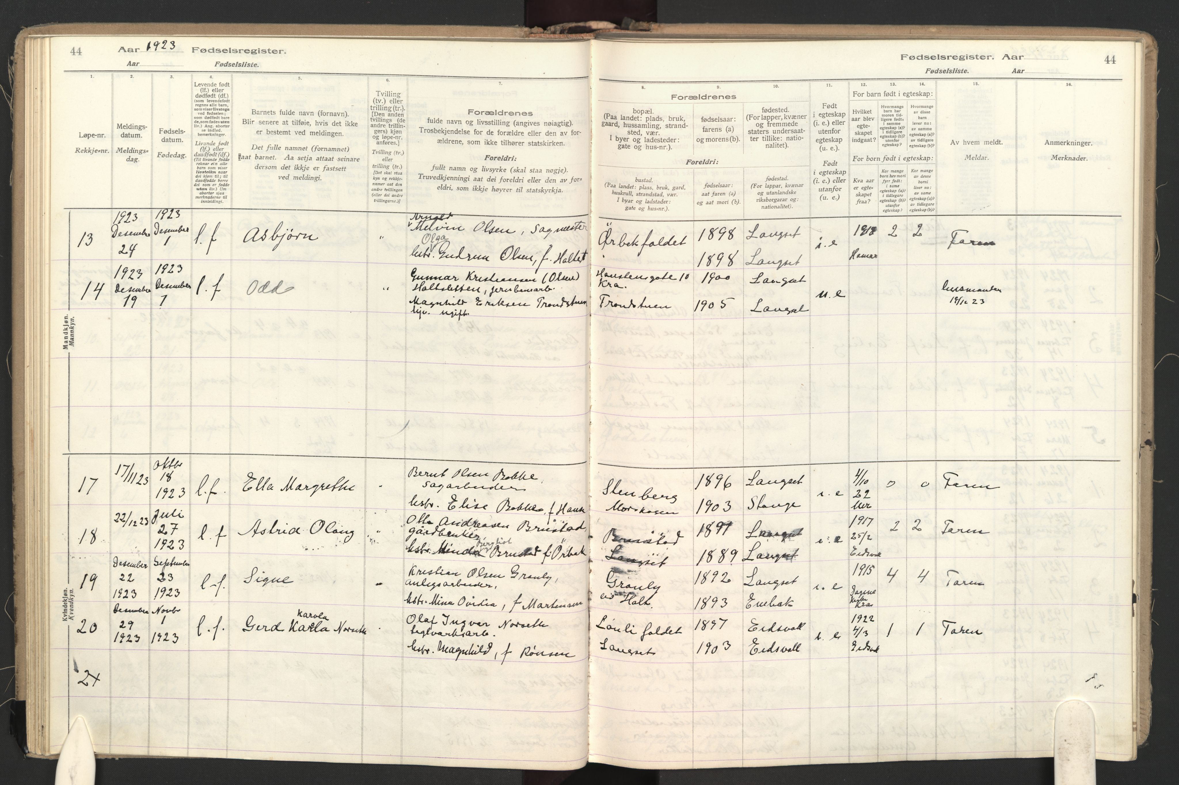 Eidsvoll prestekontor Kirkebøker, SAO/A-10888: Fødselsregister nr. II 1, 1916-1959, s. 44