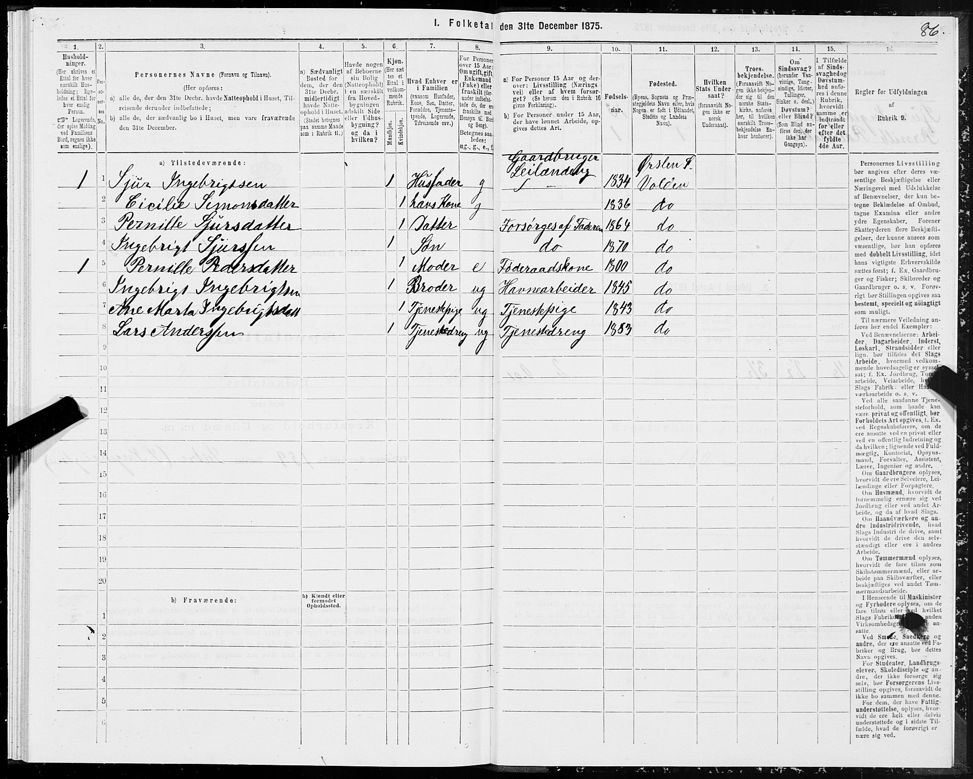 SAT, Folketelling 1875 for 1519P Volda prestegjeld, 1875, s. 1086