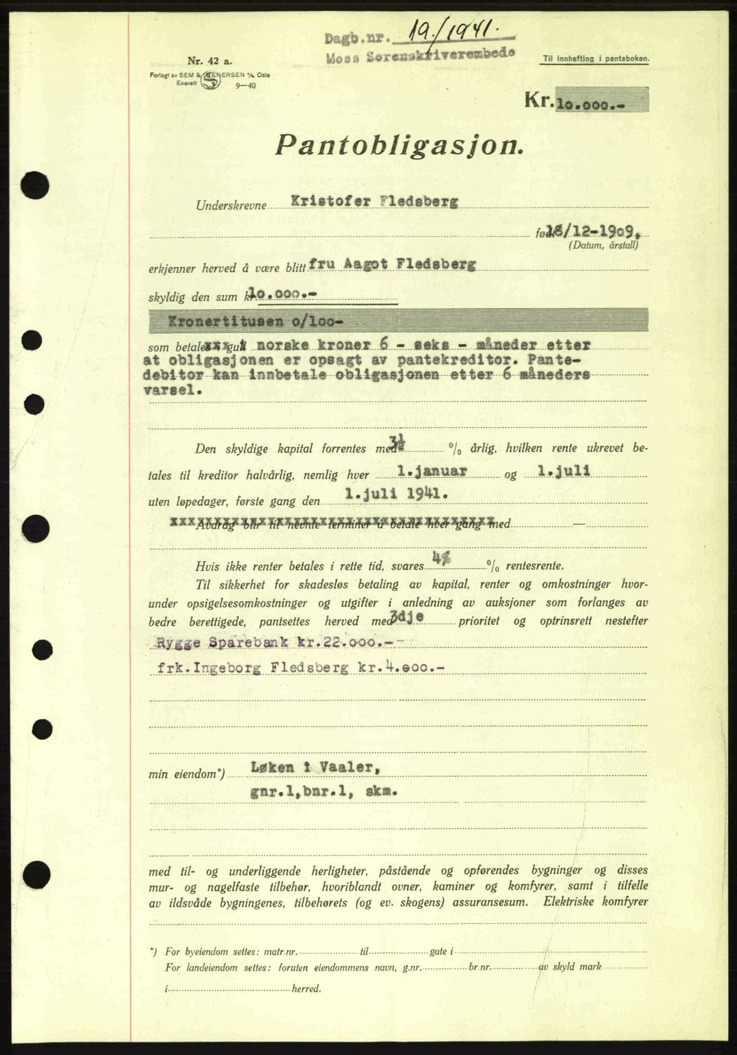 Moss sorenskriveri, SAO/A-10168: Pantebok nr. B10, 1940-1941, Dagboknr: 19/1941