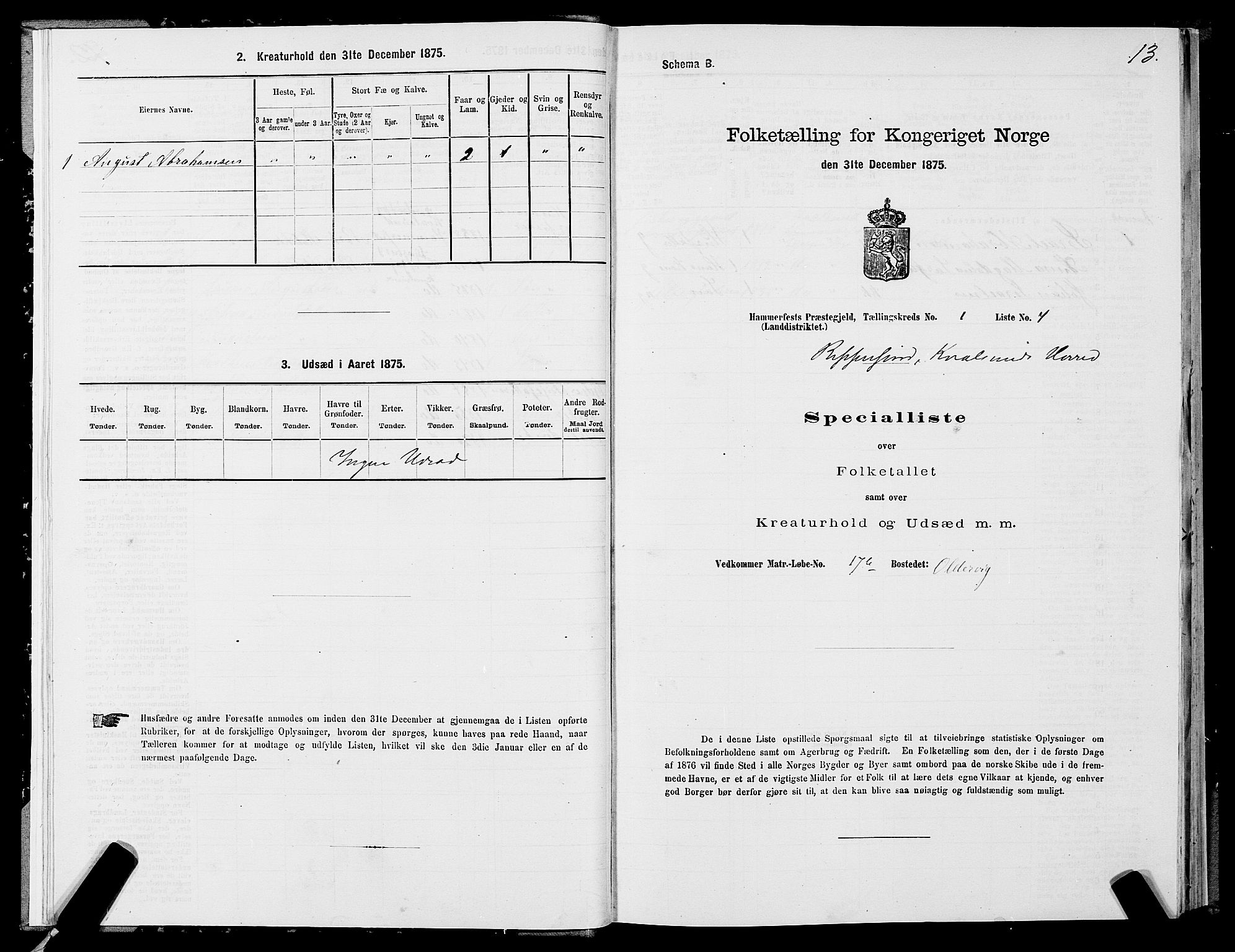 SATØ, Folketelling 1875 for 2016L Hammerfest prestegjeld, Hammerfest landsokn og Kvalsund sokn, 1875, s. 2013