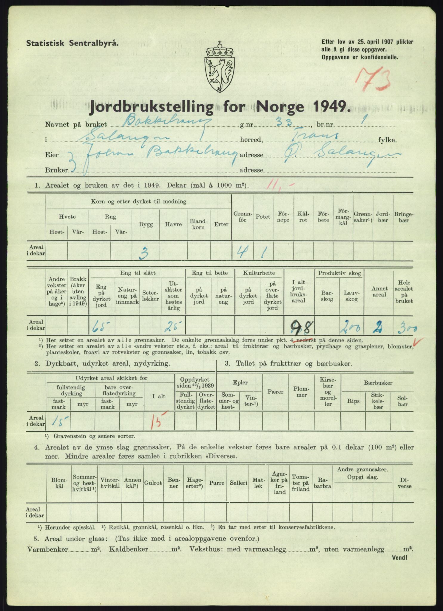 Statistisk sentralbyrå, Næringsøkonomiske emner, Jordbruk, skogbruk, jakt, fiske og fangst, AV/RA-S-2234/G/Gc/L0438: Troms: Salangen og Bardu, 1949, s. 895