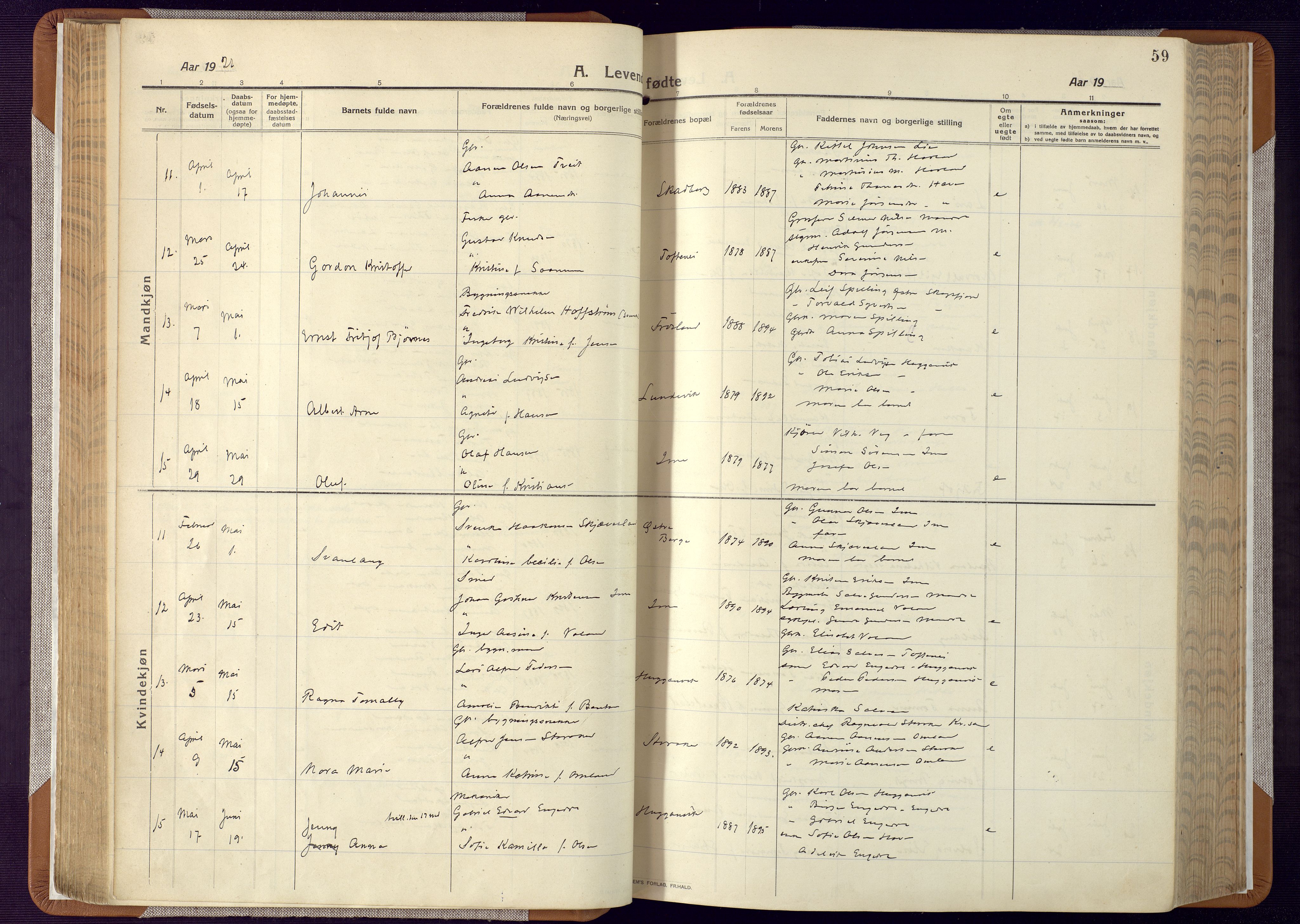 Mandal sokneprestkontor, SAK/1111-0030/F/Fa/Faa/L0022: Ministerialbok nr. A 22, 1913-1925, s. 59