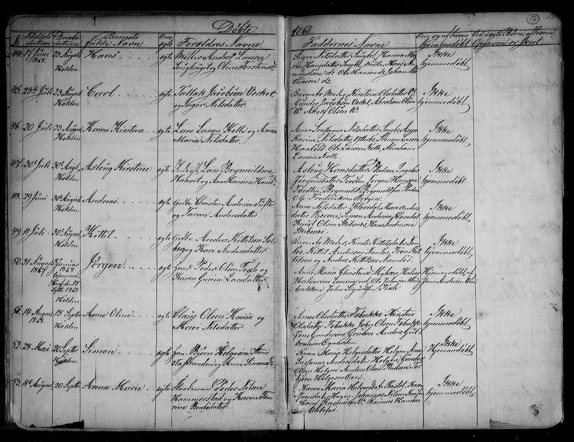Holla kirkebøker, AV/SAKO-A-272/G/Ga/L0004: Klokkerbok nr. I 4, 1867-1890, s. 17