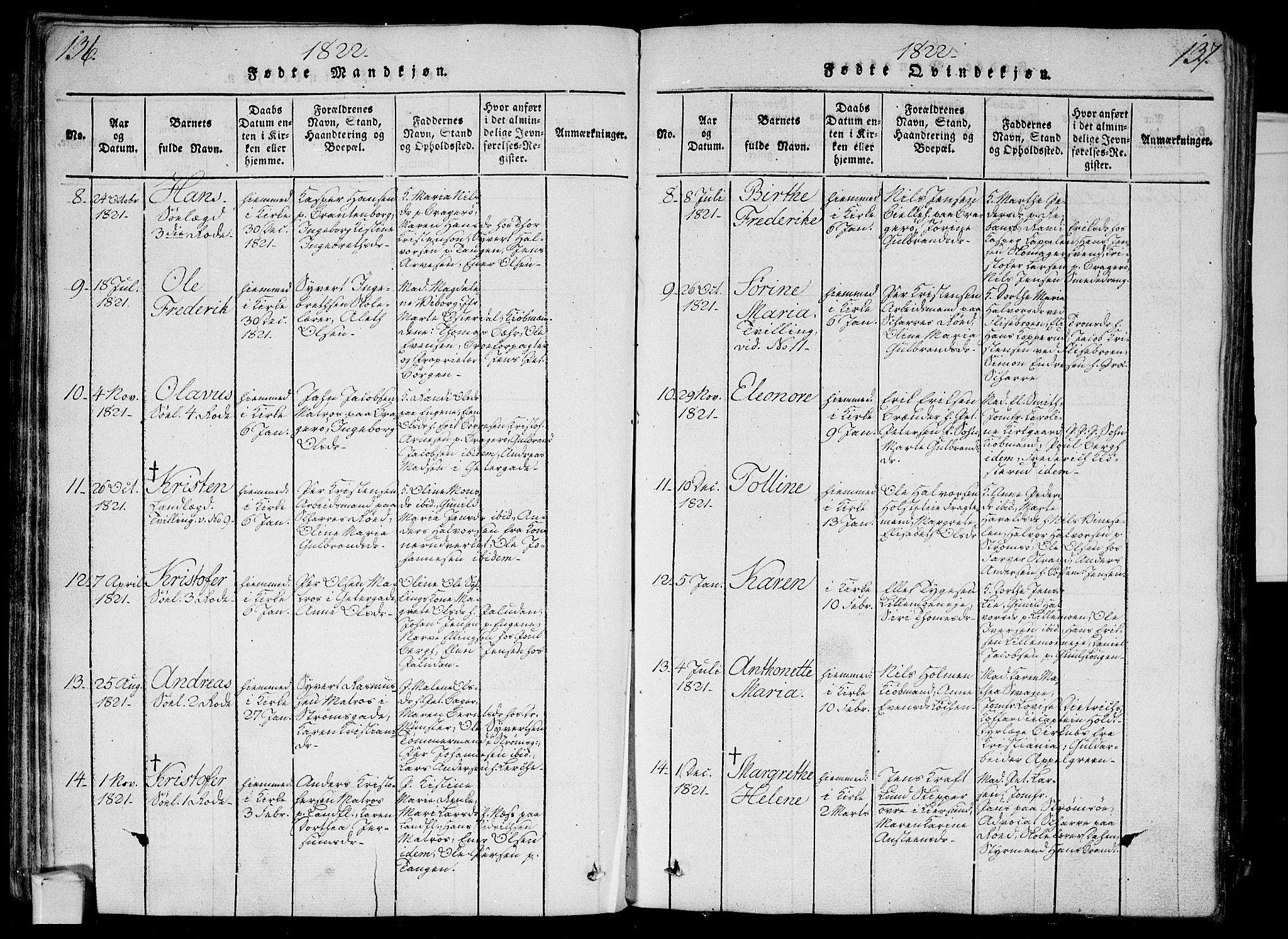 Bragernes kirkebøker, AV/SAKO-A-6/G/Ga/L0001: Klokkerbok nr. 1, 1815-1829, s. 136-137