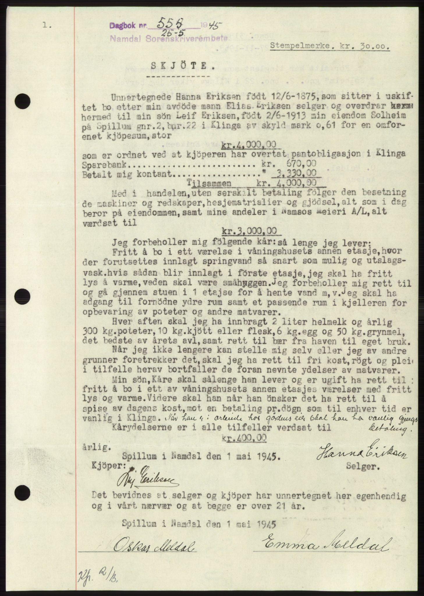 Namdal sorenskriveri, SAT/A-4133/1/2/2C: Pantebok nr. -, 1944-1945, Dagboknr: 555/1945