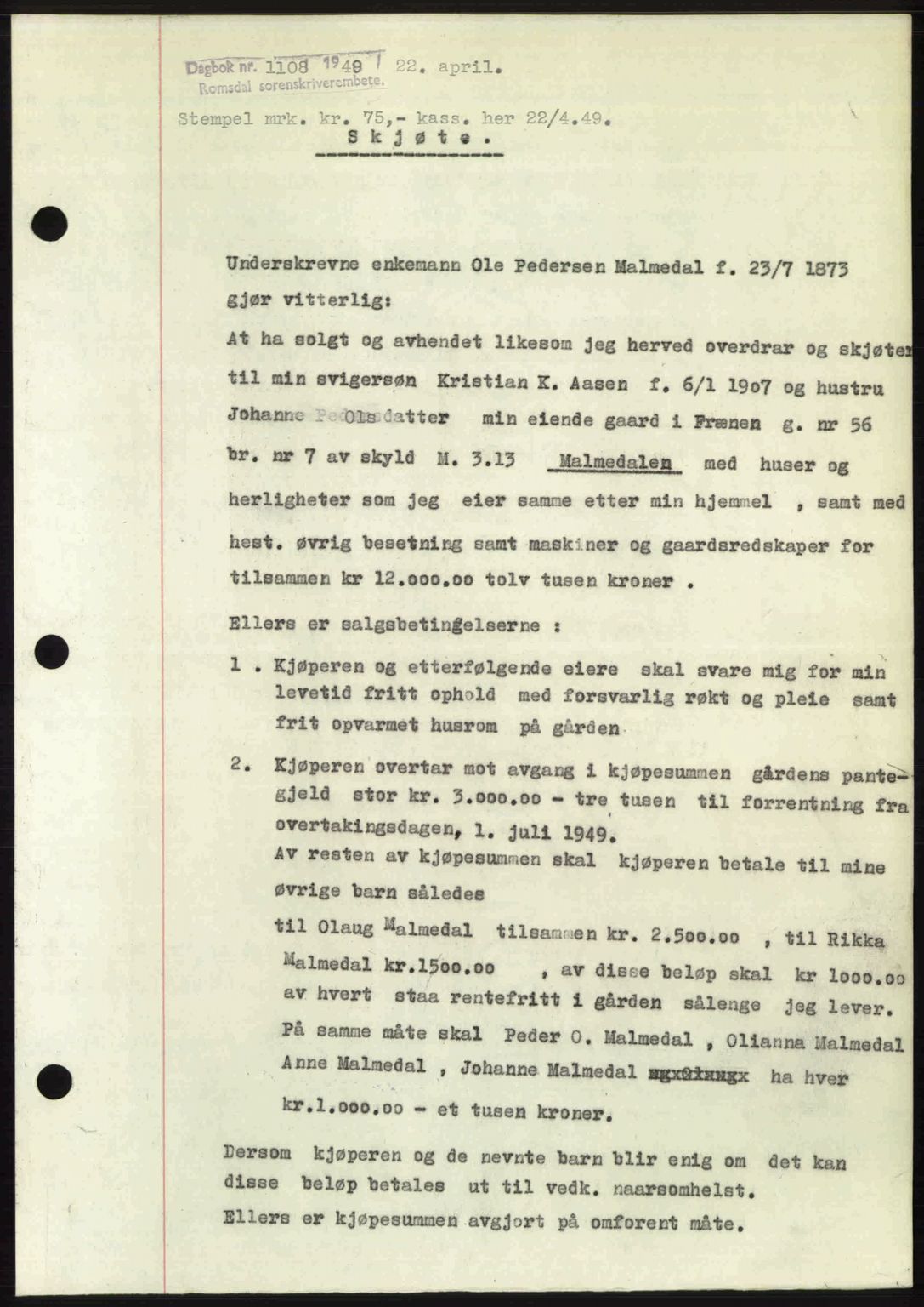 Romsdal sorenskriveri, SAT/A-4149/1/2/2C: Pantebok nr. A29, 1949-1949, Dagboknr: 1108/1949