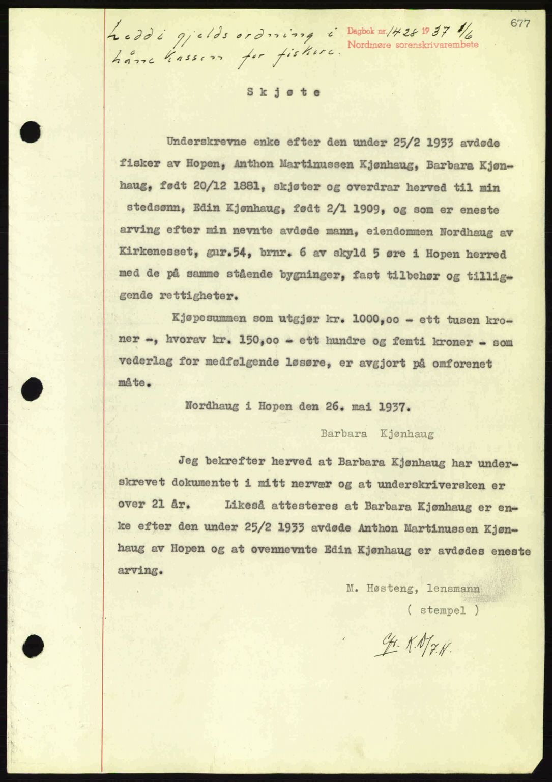 Nordmøre sorenskriveri, SAT/A-4132/1/2/2Ca: Pantebok nr. A81, 1937-1937, Dagboknr: 1428/1937