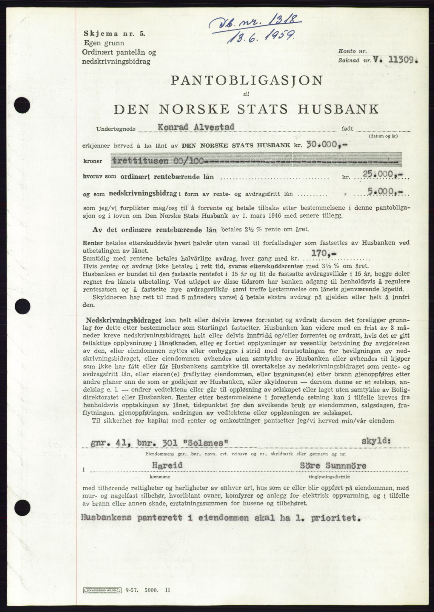 Søre Sunnmøre sorenskriveri, SAT/A-4122/1/2/2C/L0133: Pantebok nr. 21B, 1959-1959, Dagboknr: 1318/1959
