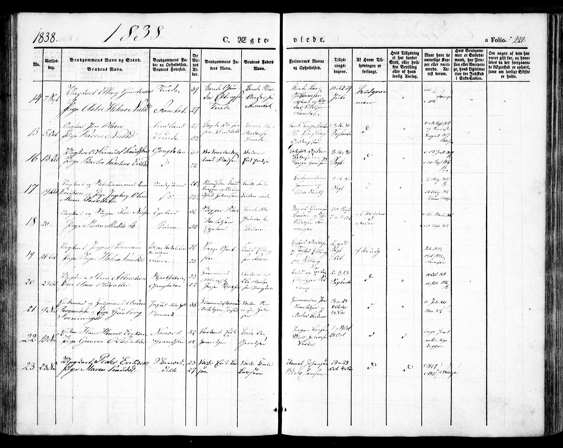 Holt sokneprestkontor, AV/SAK-1111-0021/F/Fa/L0007: Ministerialbok nr. A 7, 1836-1848, s. 222